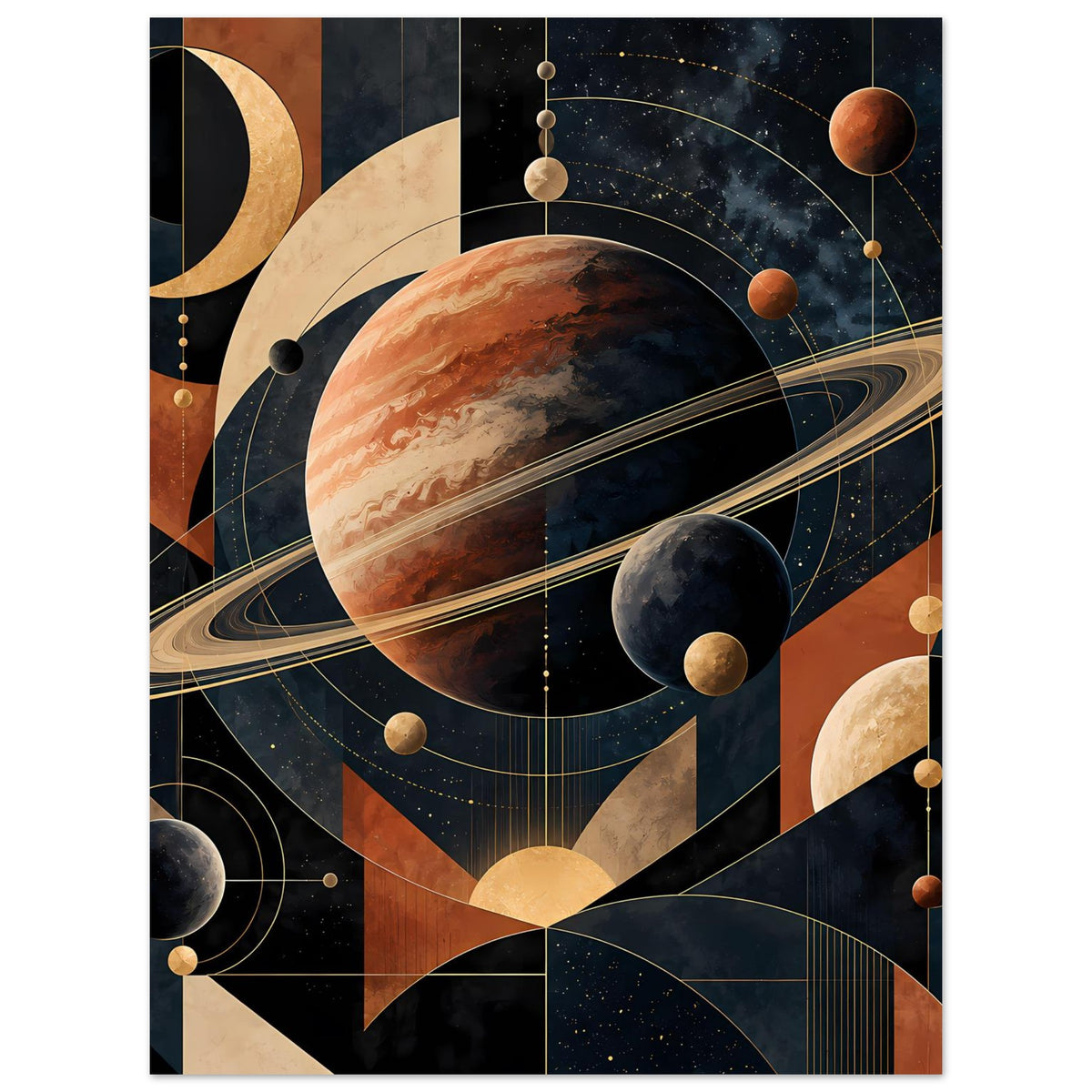 Aufrecht stehendes Poster mit großem Planeten, Saturnring und vertikalen Kometen-Bahnen; goldene Details.