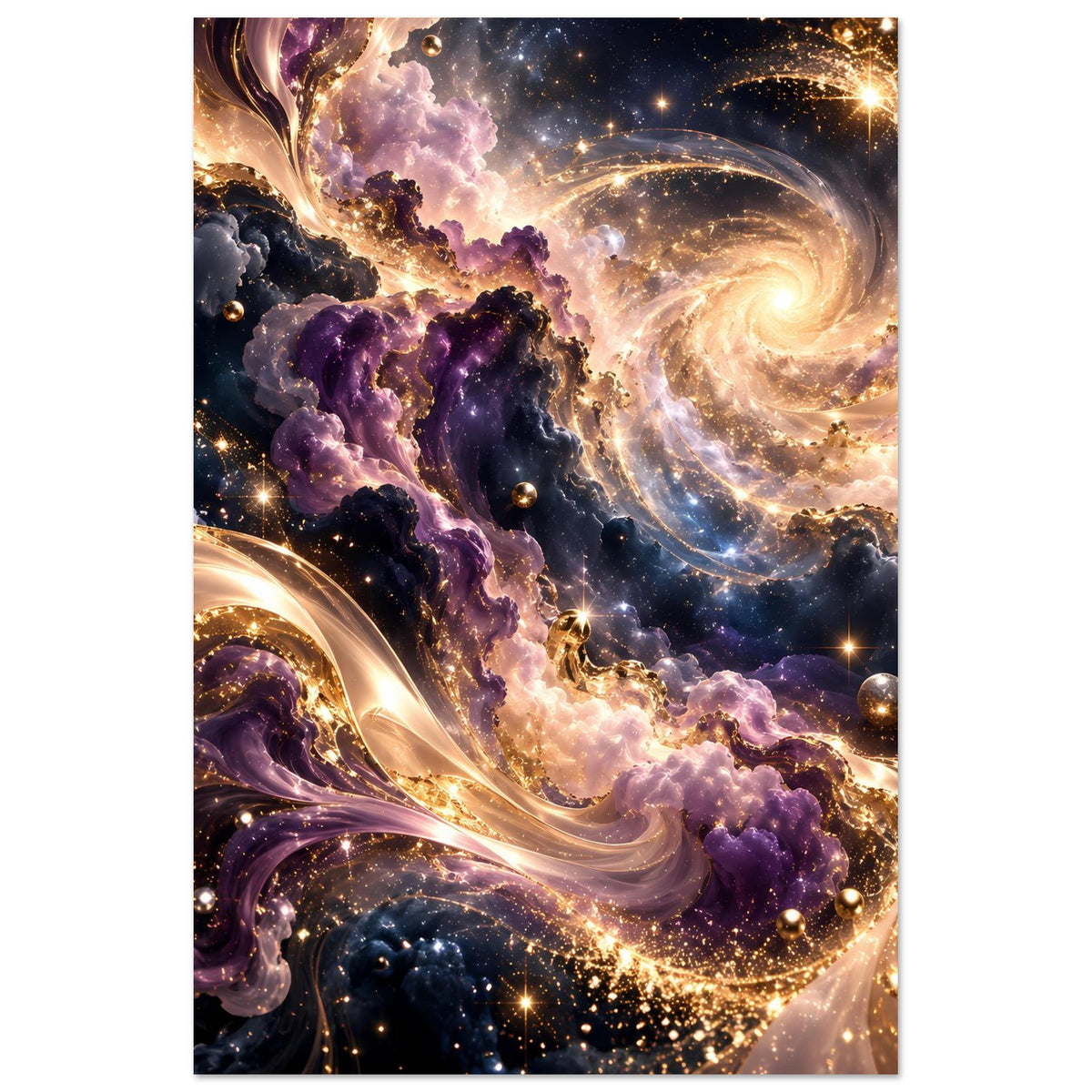 Kosmischer Kunstdruck im Hochformat mit goldener Spiralgalaxie, violettem Nebel und Sternen