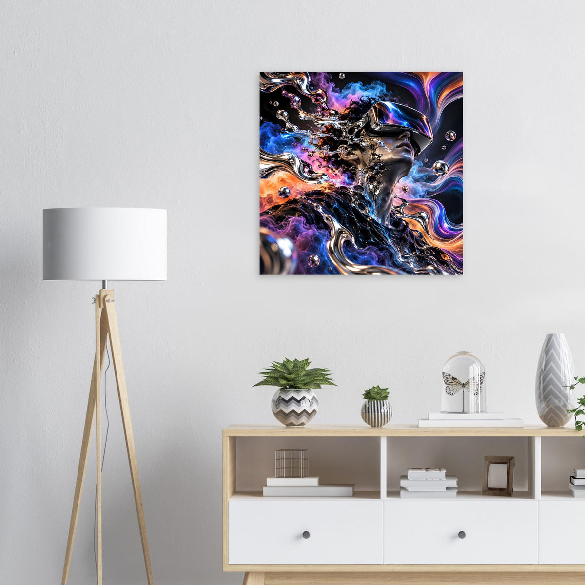 Wandposter mit abstrakter Digitalgrafik in Blau, Lila und Orange, dynamische Wirbel