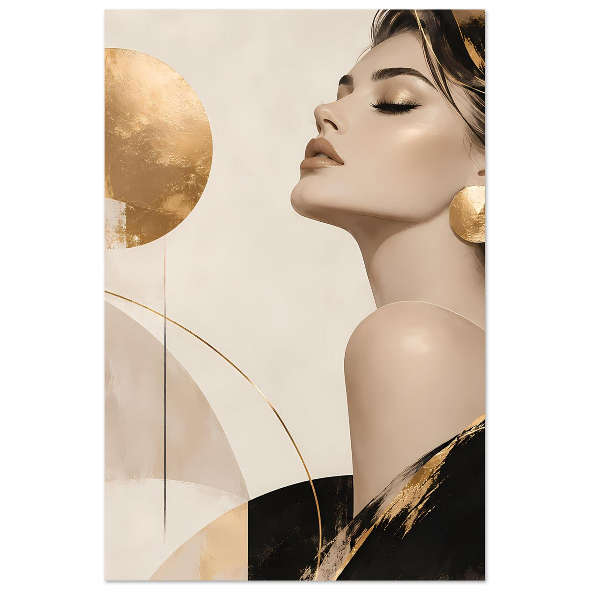 Wandposter im Detailausschnitt: Frauenprofil mit goldenen Ohrringen und goldener Fläche