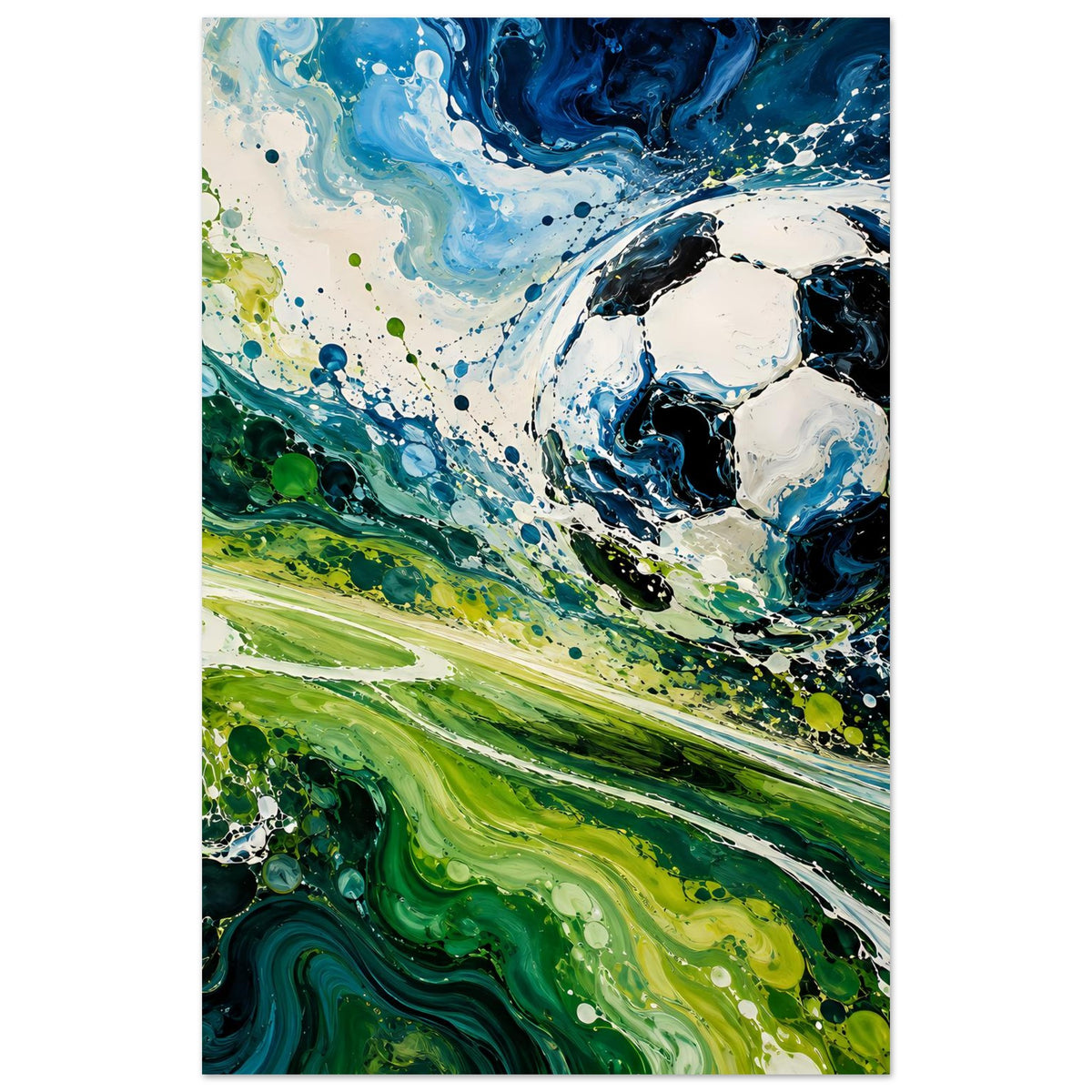 Abstraktes Fußballkunst-Poster im Hochformat mit blau-grünen Farbwirbeln und weißem Ballmotiv