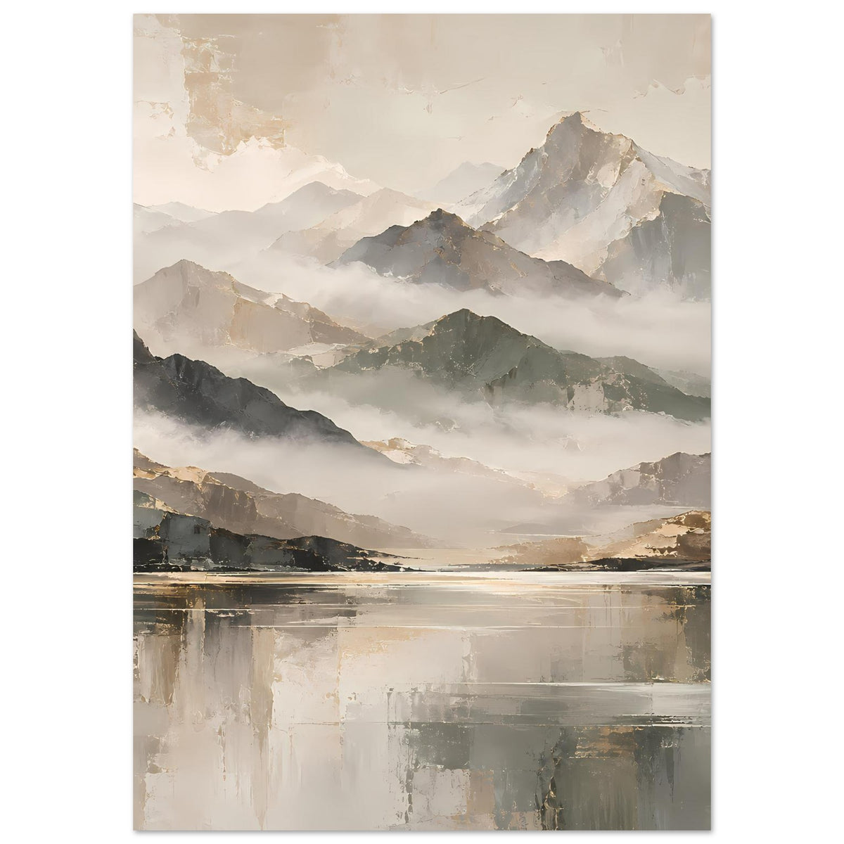 Hochkant-Naturposter mit Bergebenen, Nebel und See-Spiegelung in Beige und Gold