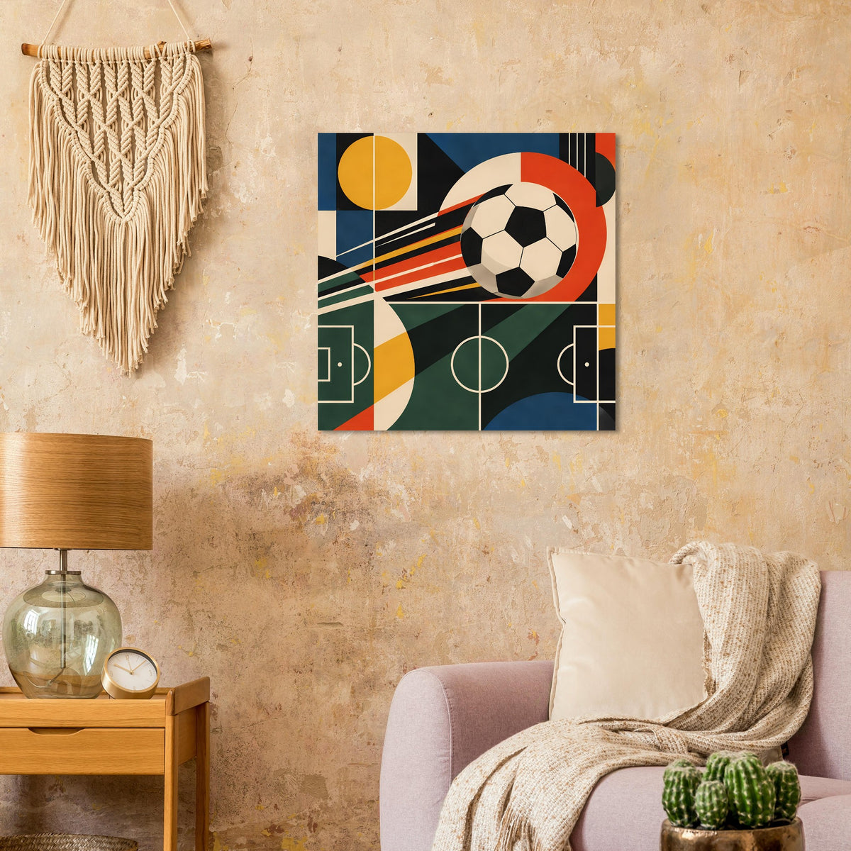 Wandposter mit geometrischem Fußball, Linien und Rechtecken in Blau, Rot, Gelb und Grün