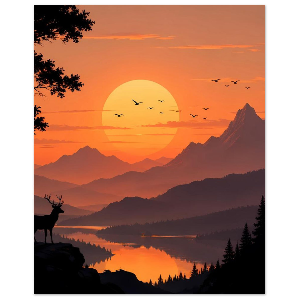 Poster: Abendsonne über Bergen und Bergsee, Vögel im Flug, Hirsch auf Fels im Vordergrund.