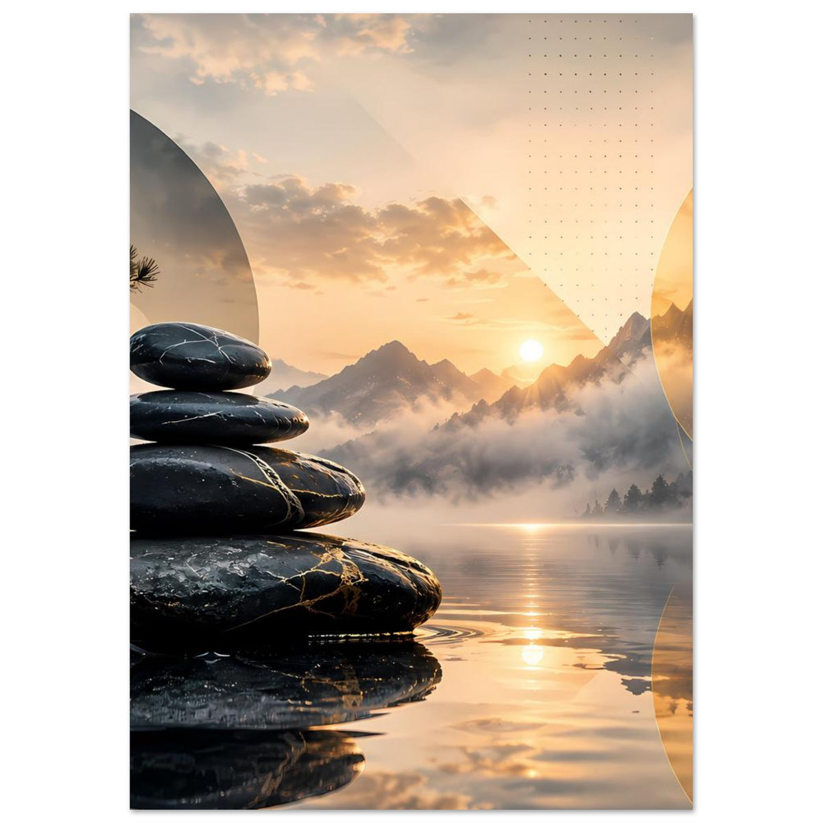Wandposter im Hochformat: Stein-Stapel links, Sonnenaufgang über Berge, Nebel und Seeufer