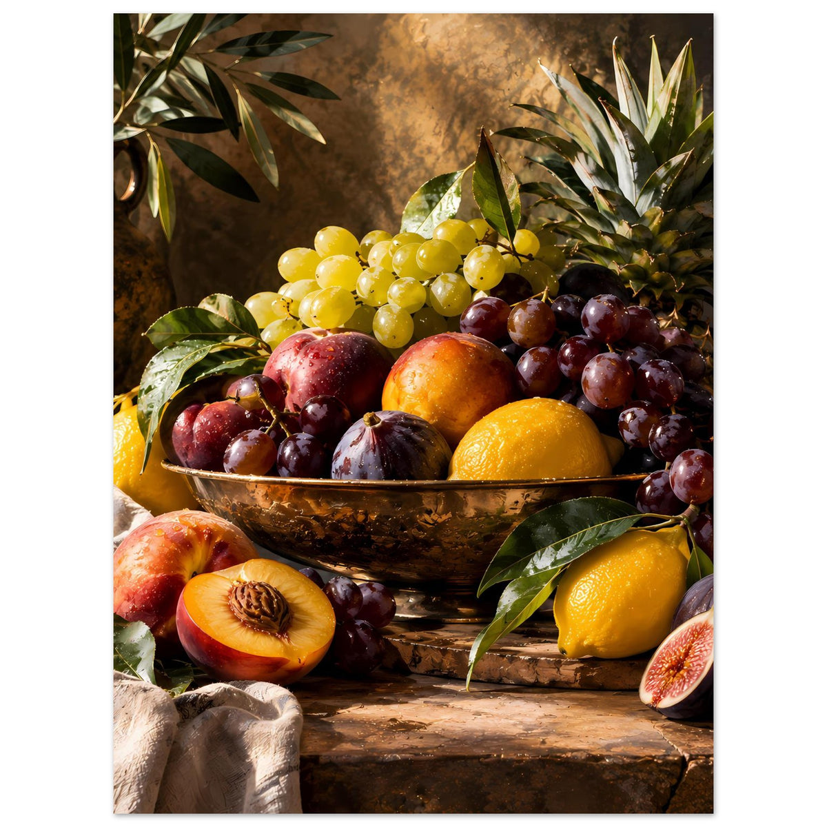 Obststillleben-Poster: Schale mit Trauben, gelbe Zitrusfrucht und Pfirsichstücke im Vordergrund