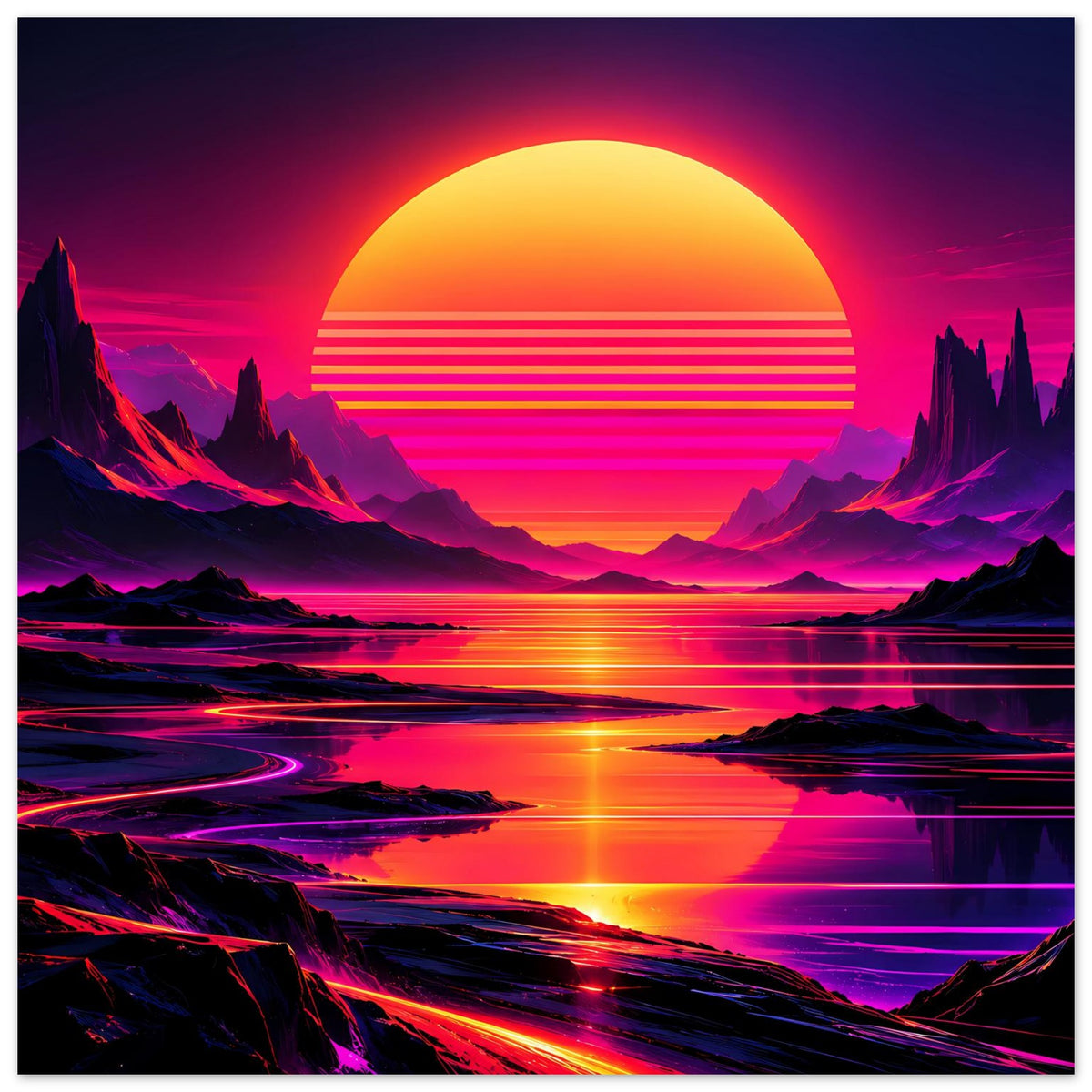 Neon-Kunstdruck mit Sonnenuntergang, Bergen und Wasser, quadratisch mit schwarzem Rand