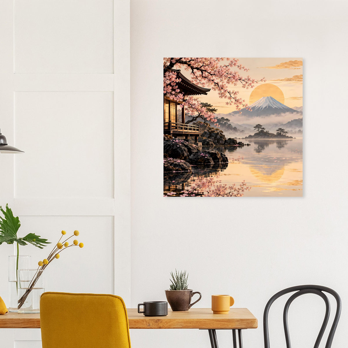 Gerahmtes quadratisches Poster mit Kirschblüten, Tempel, Fuji-Berg und ruhigem Wasser