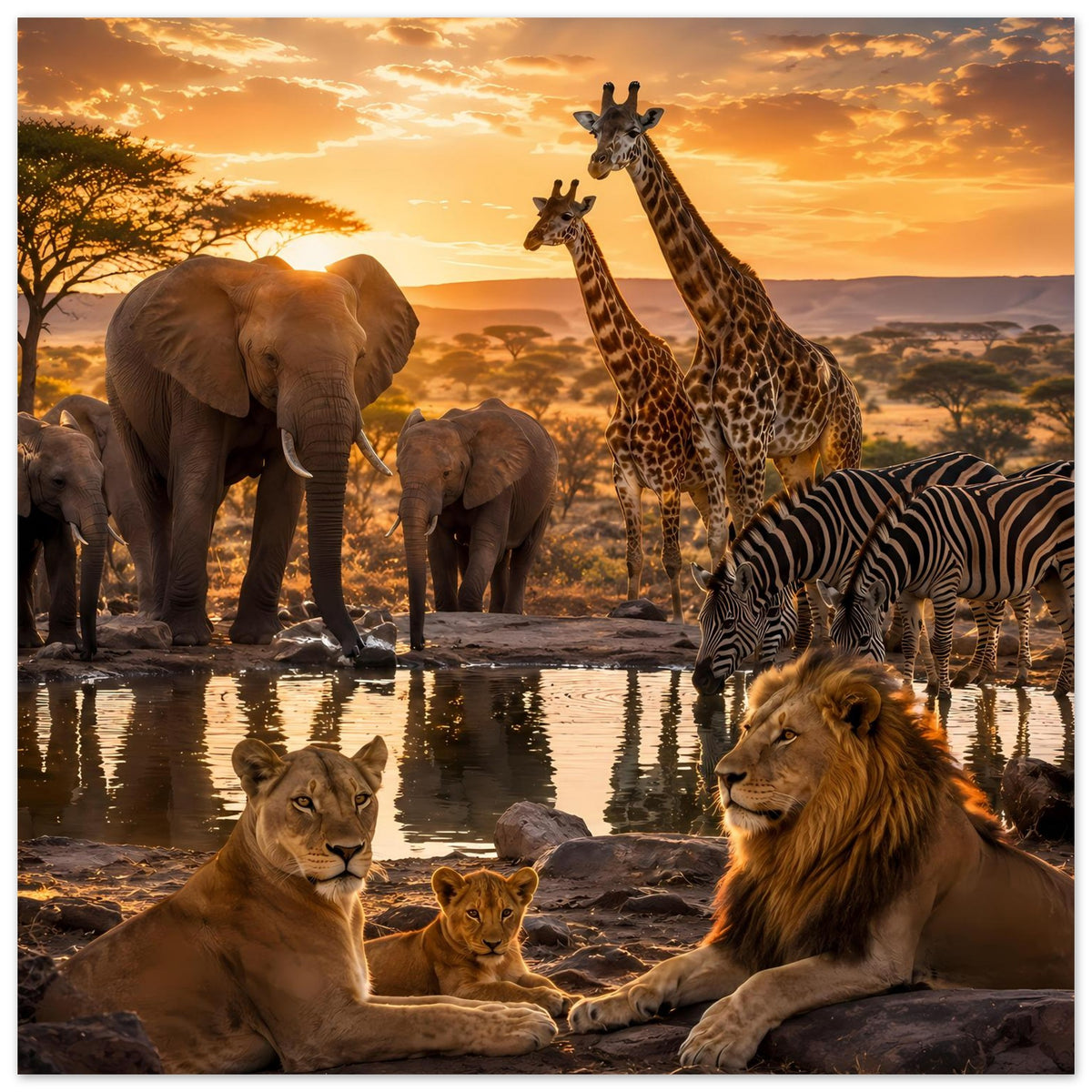 Poster mit afrikanischen Wildtieren: Löwenpaar, Zebra und Giraffen bei Sonnenuntergang.