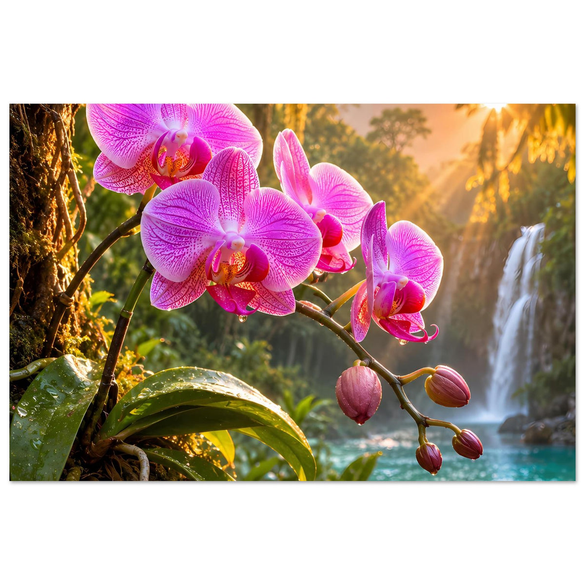 Poster mit rosa Orchideenblüten auf verzweigtem Ast, türkisfarbenes Wasser im Hintergrund