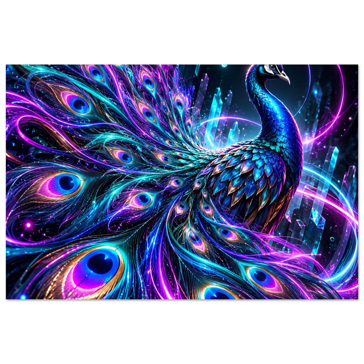 Neon-Pfauenposter im Querformat mit türkisblauem Pfau und violetten Lichtspuren