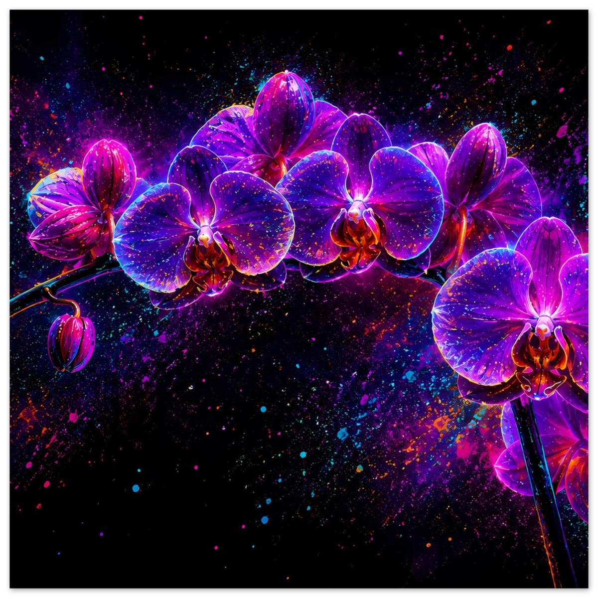 Neon-Orchideenposter mit auffälliger Blüte rechts und mehreren violetten Blüten im Bogen