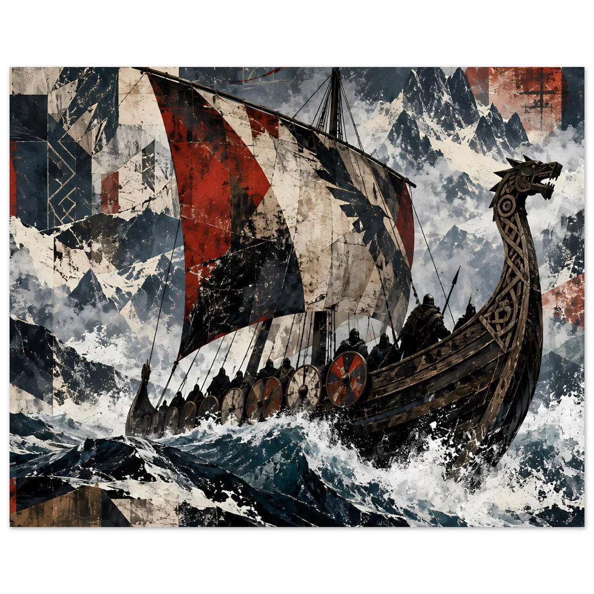 Wikingerschiff-Poster: Segelboot im Sturm, raue Wellen, Segel mit roten Farbfeldern