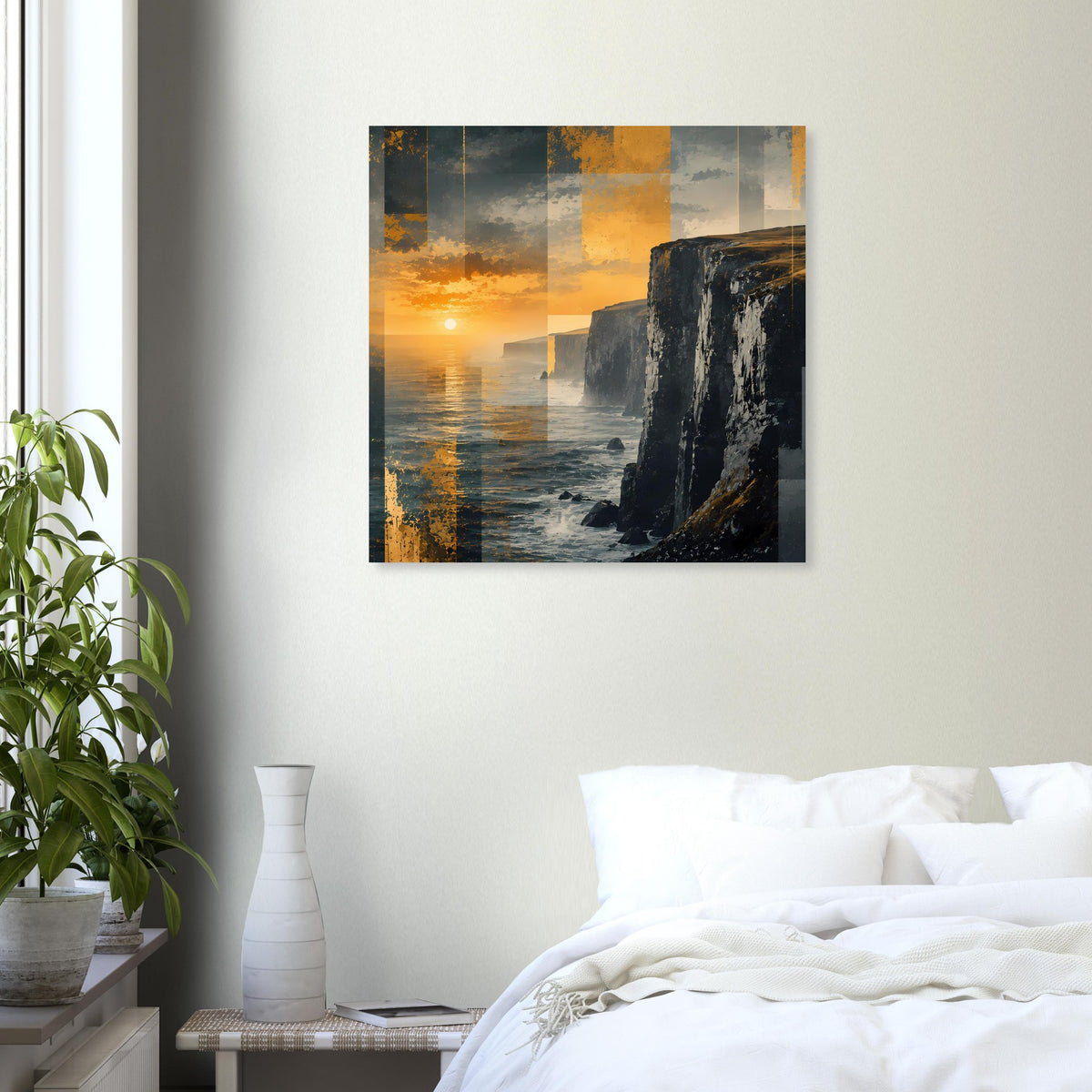 Quadratisches Poster mit Sonnenuntergang am Horizont und Felsenklippen