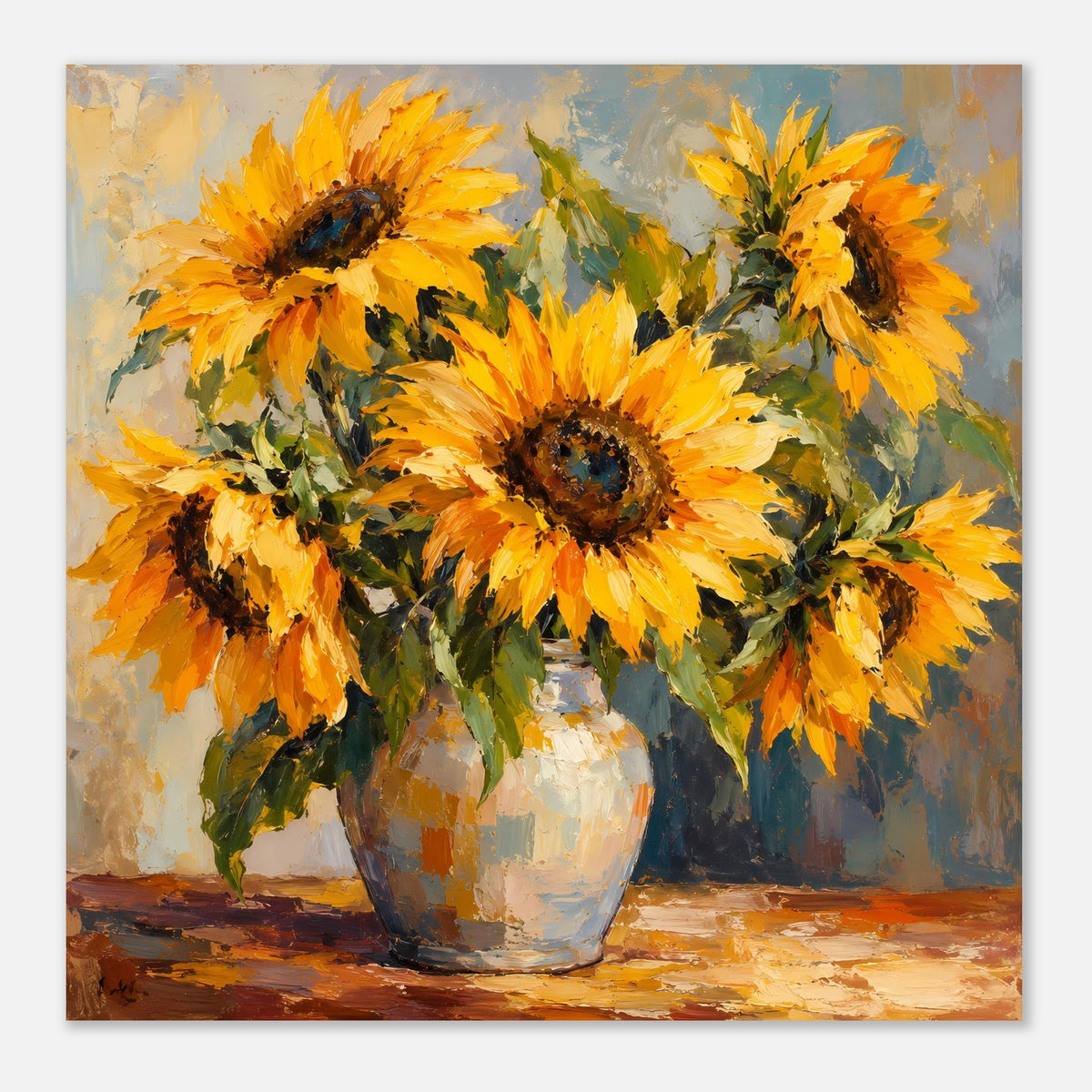 Poster mit Sonnenblumen-Stillleben: einzelne große Blüte vorn, Vase mit gemalten Farbübergängen