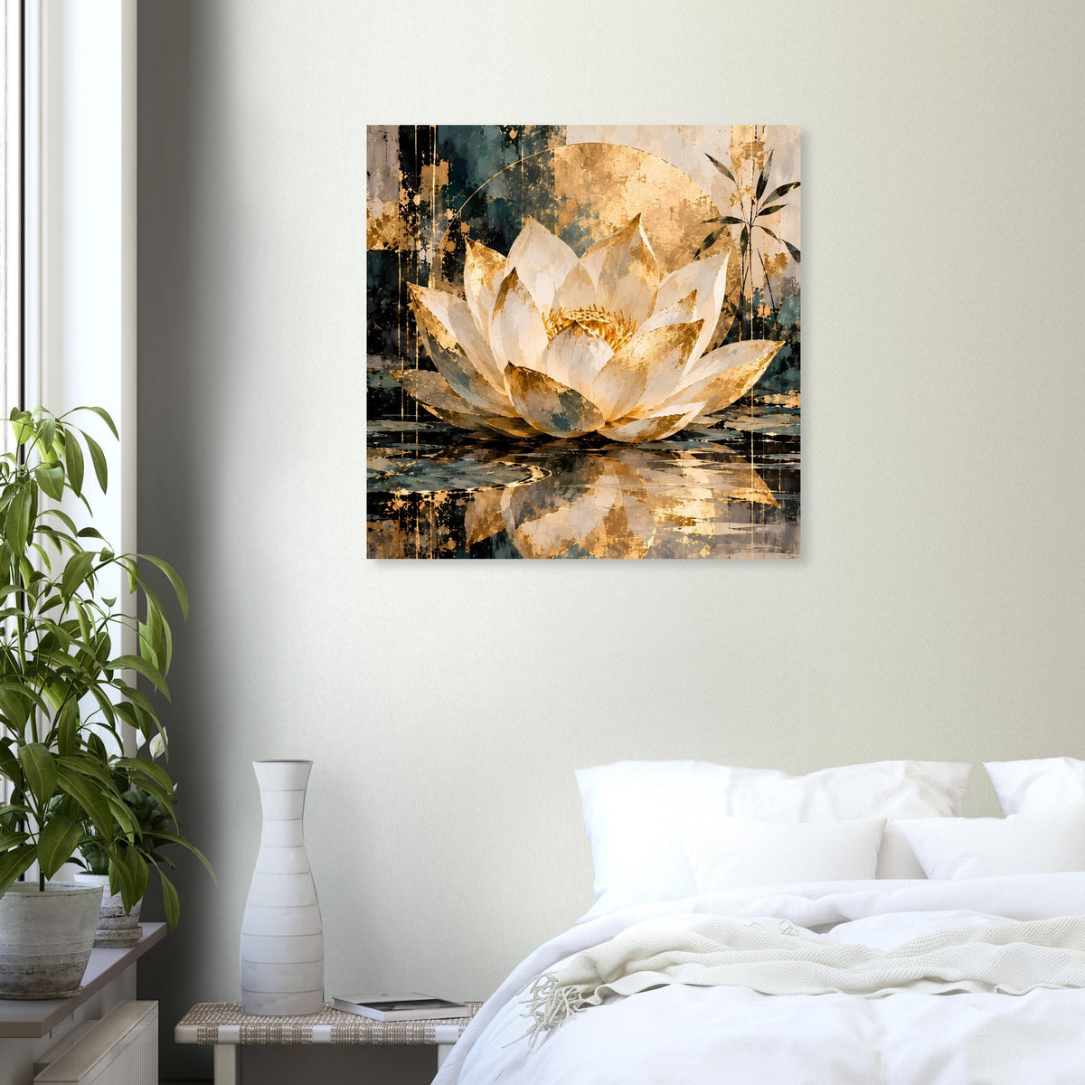 Wandposter mit Lotus-Papierkunst: gold-cremefarbene Blüte auf dunkel gemustertem Grund