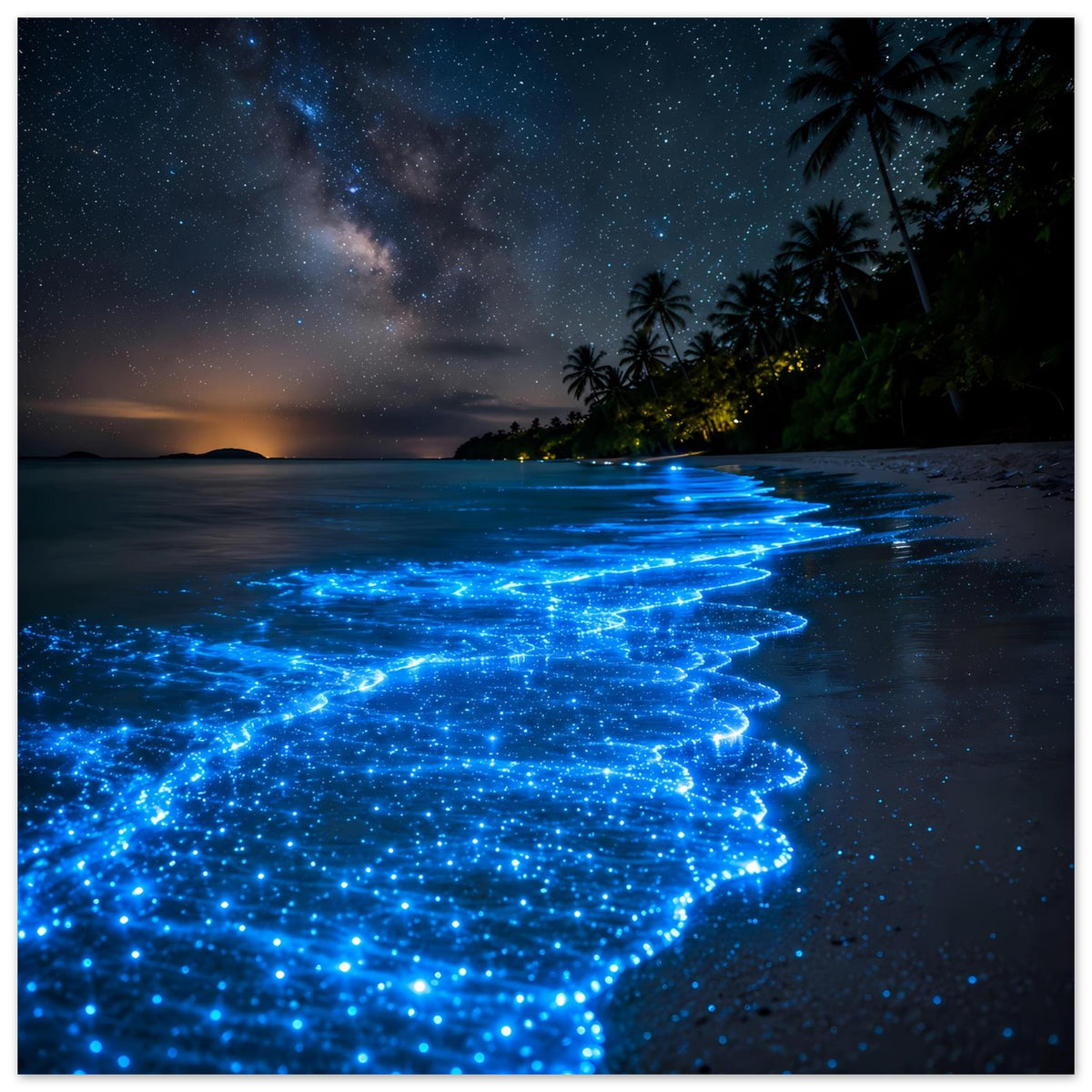 Meeresposter: blau leuchtende Wellen am Strand mit Sternenhimmel und Palmen