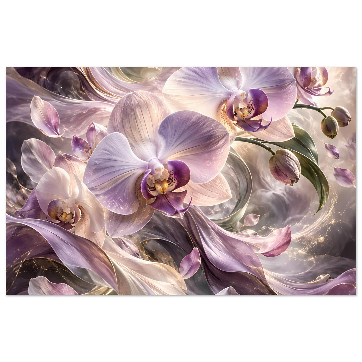 Blumenposter mit violetten und cremefarbenen Orchideenblüten, mehrere Blüten im Detail.