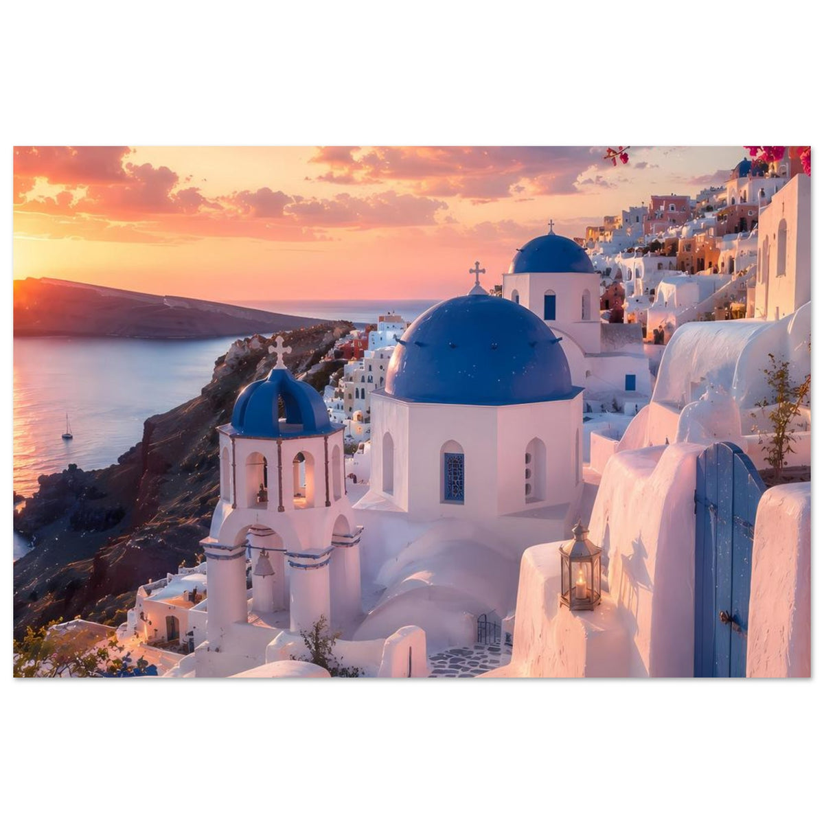 Poster mit weißem Kirchenbau und blauer Kuppel über dem Ägäisblick bei Sonnenuntergang