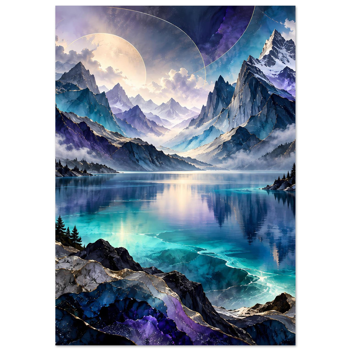 Bergsee-Poster: türkis leuchtende Strömung am Ufer, Bergkette mit Schnee und Halbmond