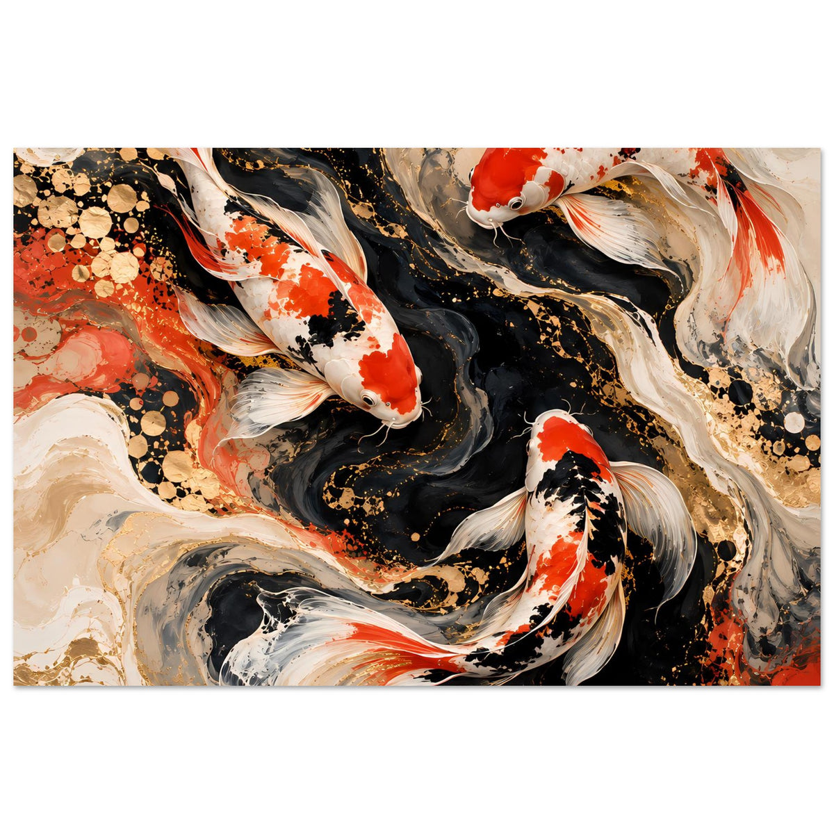 Kunstposter mit Koi-Fischen im Wasserstil, Rot-Weiß-Kontraste vor schwarzem Farbwirbel