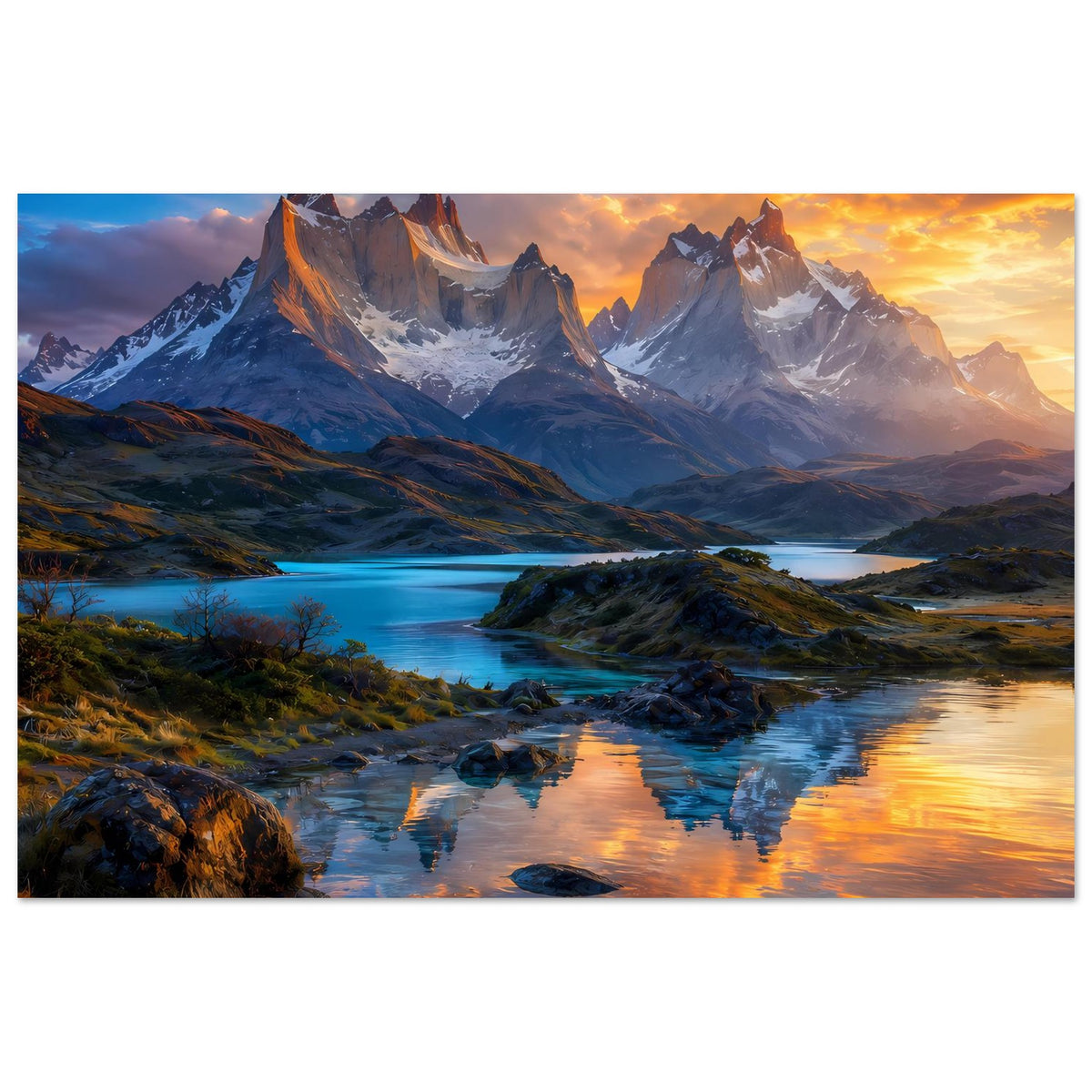 Poster mit Berglandschaft im Sonnenuntergang, bewölkter Himmel über Fluss, vertikal