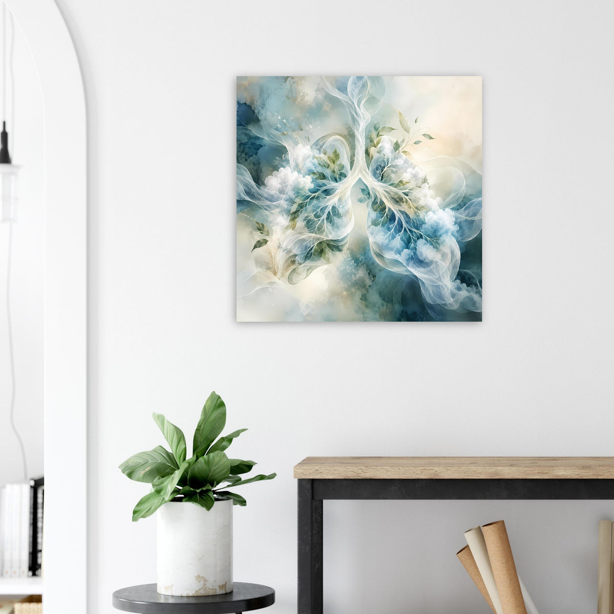 Surreales Anatomie-Poster mit blaugrüner Lungenillustration, hellen Blüten und Blättern