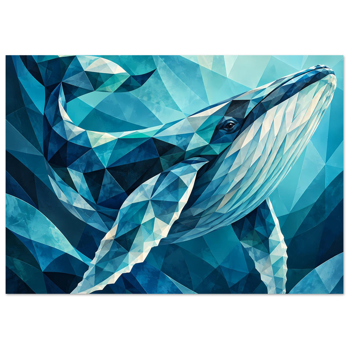 Geometrisches Blauwal-Poster, Fokus auf Walkopf und Auge, geometrische Farbflächen in Blau.