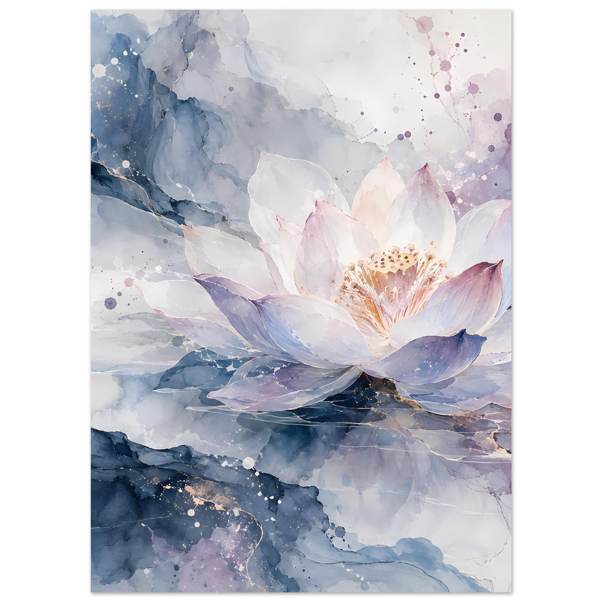 Blumenposter mit Lotusblüte: weiße Blüte im Zentrum, lila Akzente, blau gemusterter Hintergrund