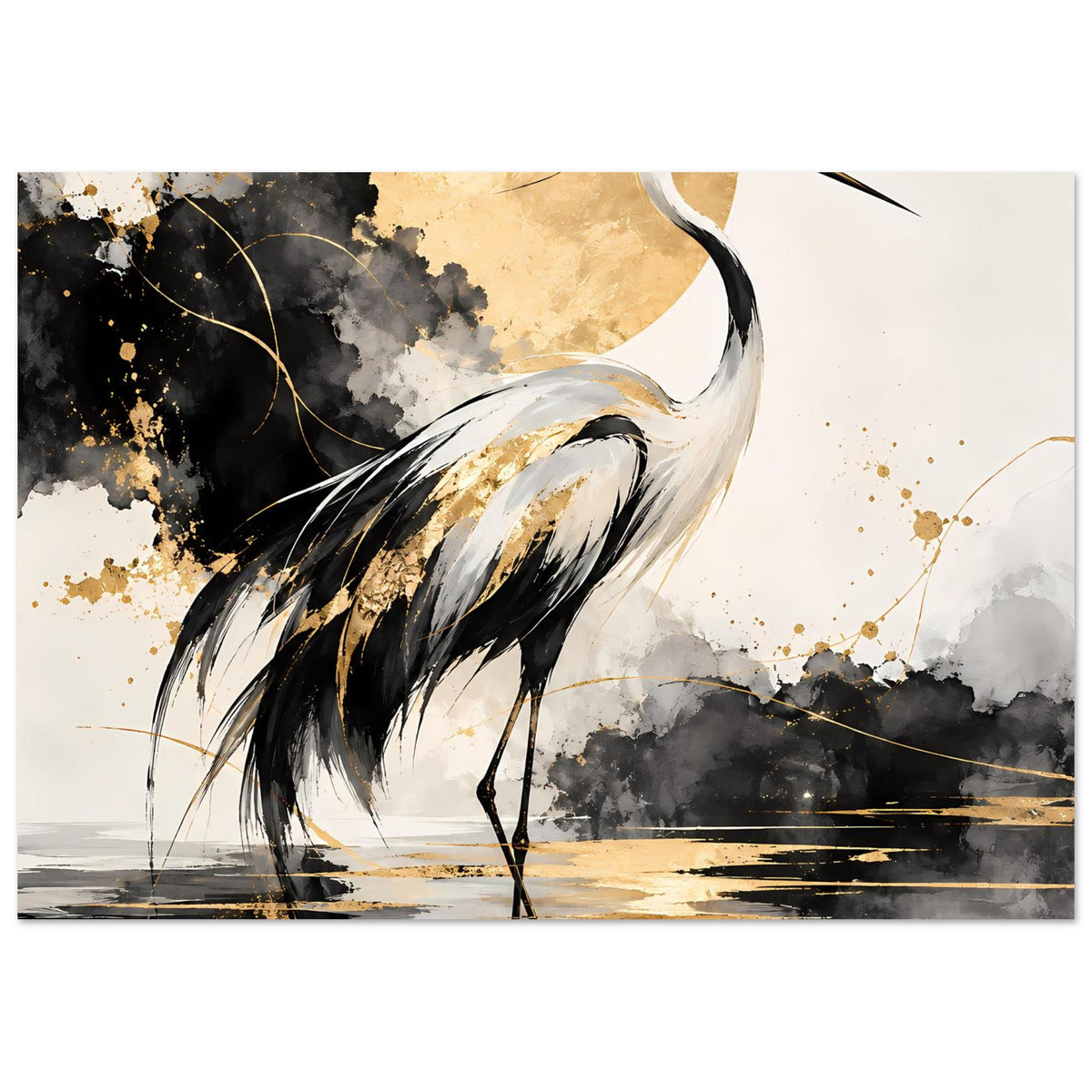 Vogelposter mit Kranich in Schwarz, Weiß und Gold; Fokus auf Körpermitte und Spiegelung