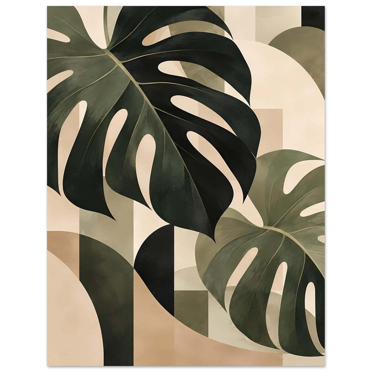 Botanik-Poster mit abstrakten Monstera-Blättern, Details in Salbeigrün, Beige und dunklen Grüntönen