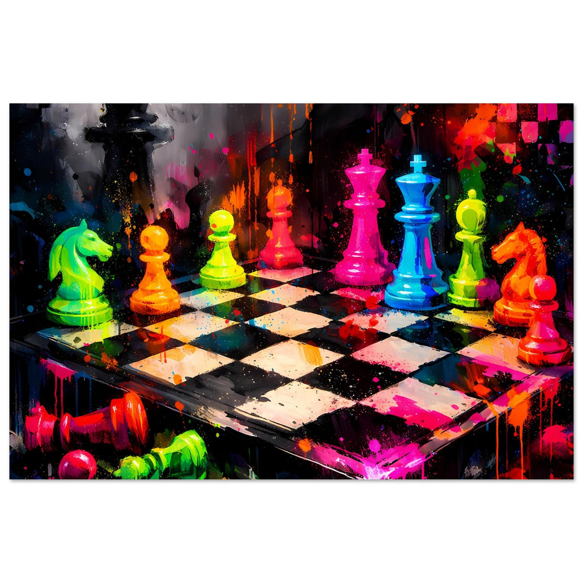 Abstraktes Schachspiel-Poster: Neon-Schachfiguren und Schachbrett mit Farbspritzern