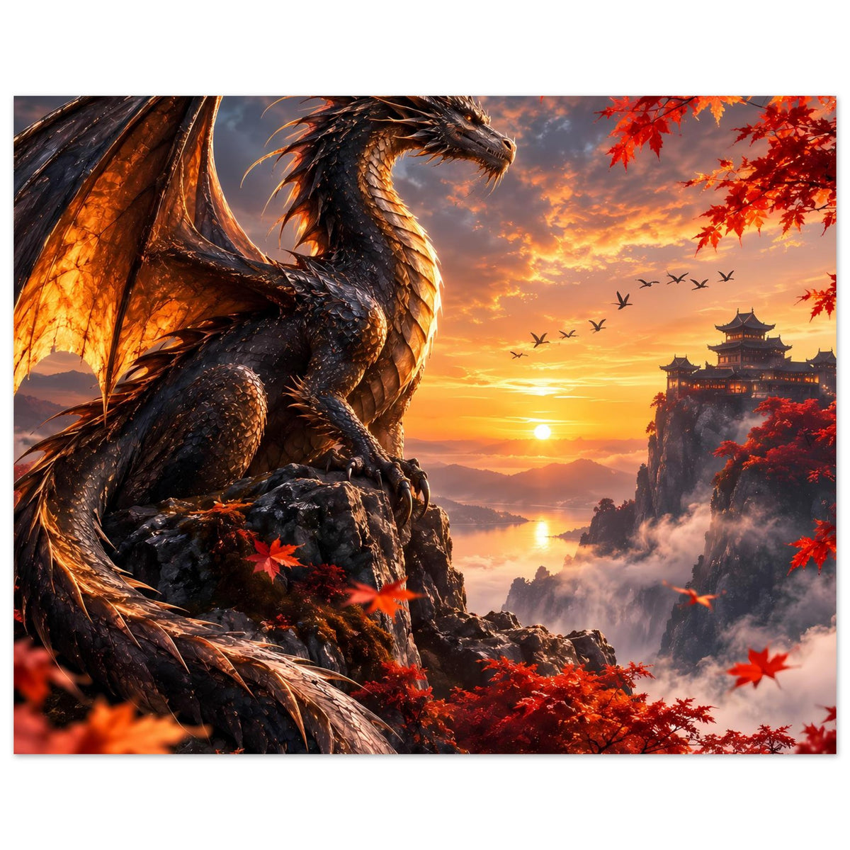 Querformat-Poster: schwarzer Drache auf Felsen, rote Ahornblätter und Tempel im Sonnenuntergang