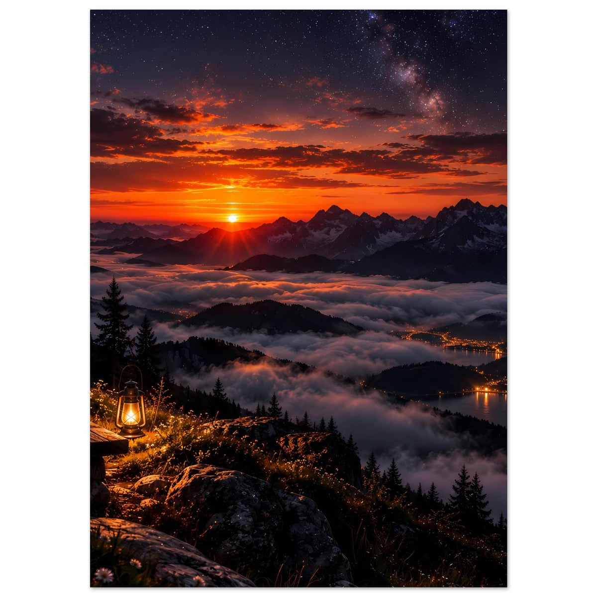 Landschaftsposter mit Sonnenaufgang, schneebedeckten Berggipfeln, Nebelmeer und beleuchtetem See