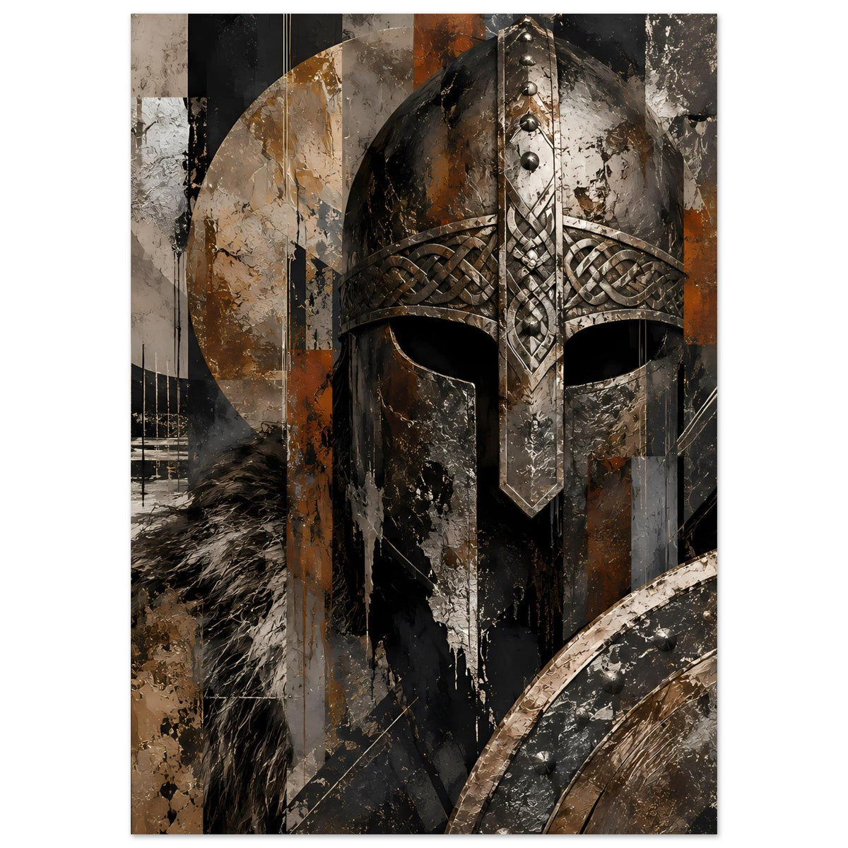 Wikinger-Kunstposter mit Helm und Filigran-Flechtornament, erdige Braun- und Schwarztöne
