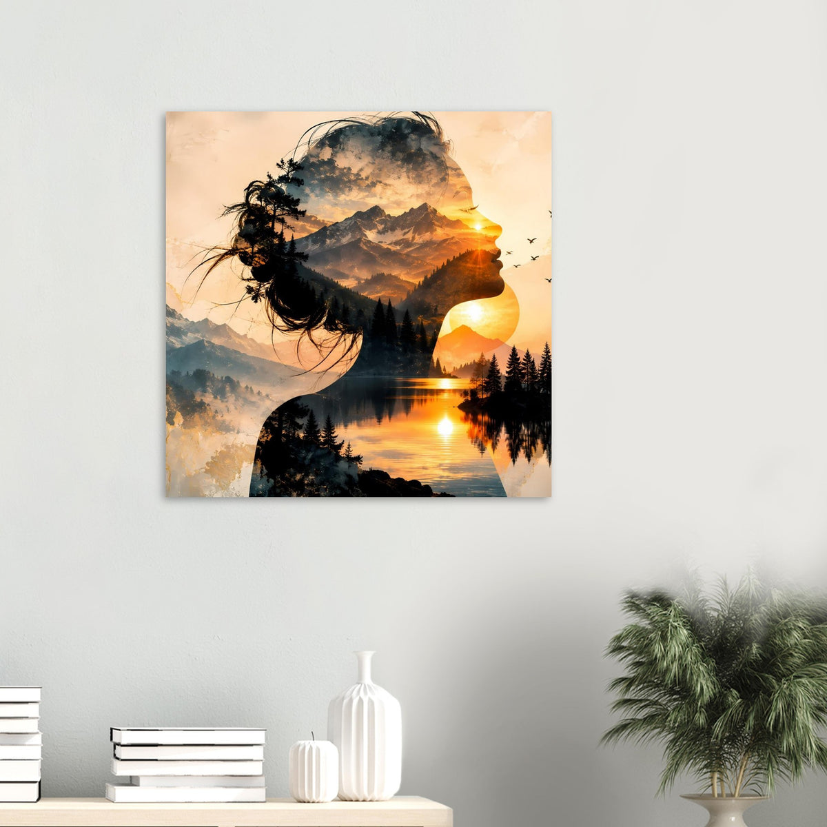 Wandposter mit Frauenprofil-Doppelbelichtung: Bergsee im Sonnenuntergang, warme Farben.