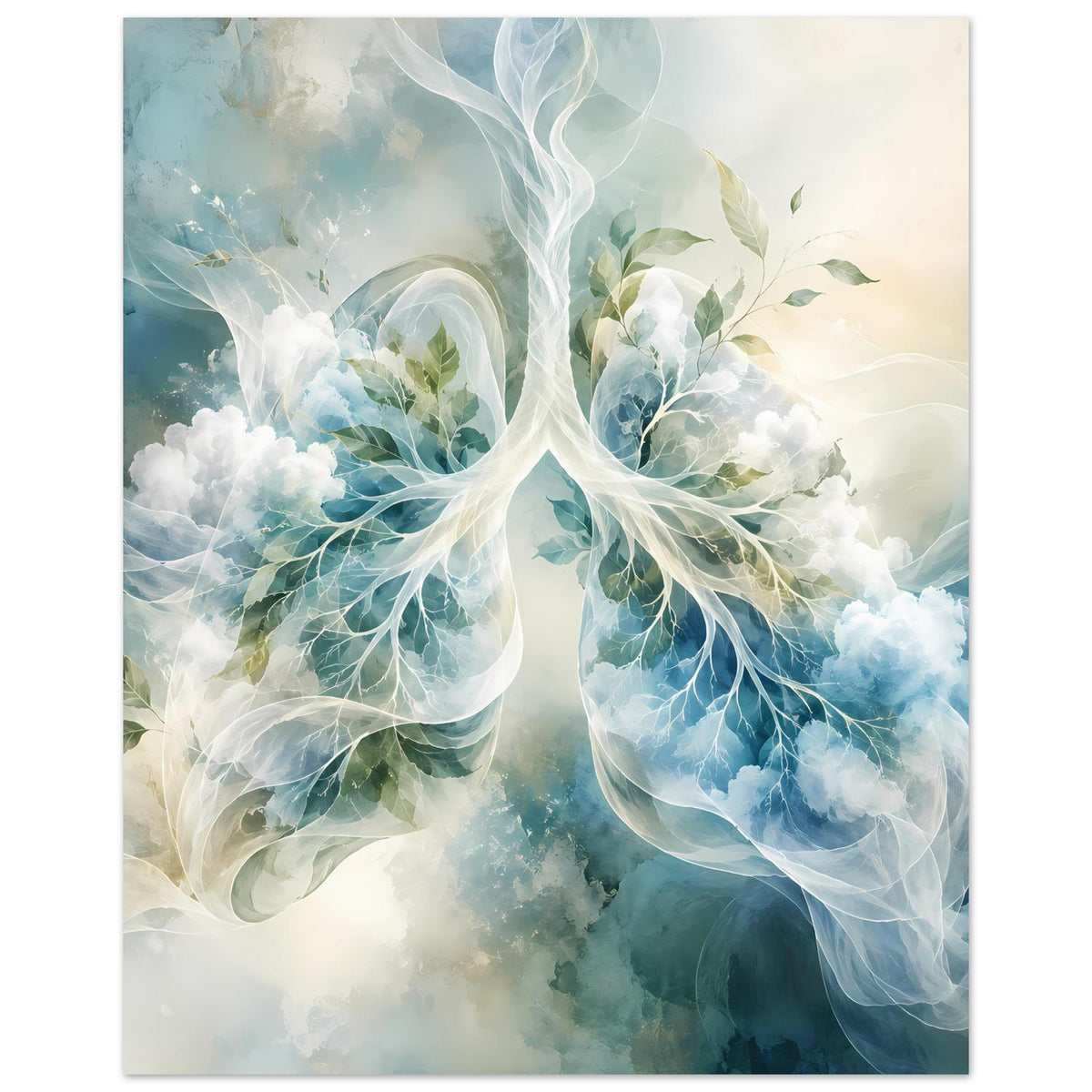 Surreales Lungen-Anatomie-Poster: helle Wolkenoptik, blaue Lungenflügel und grünes Blattwerk