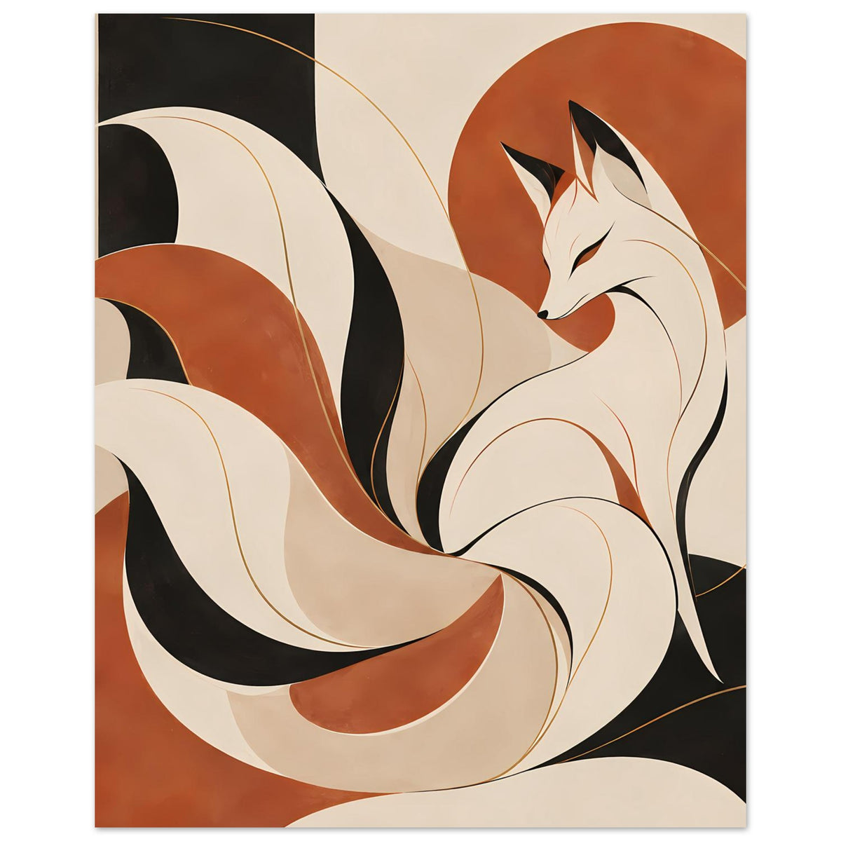Poster mit Fuchsgeist und neun Schweifen, warmes Braun, Beige, Schwarz und Creme