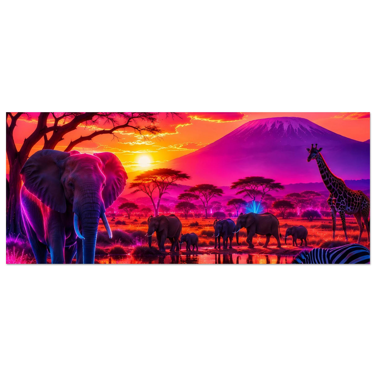 Safari-Poster (Querformat): Elefant links, Giraffe rechts, Zebras am Rand im Sonnenlicht
