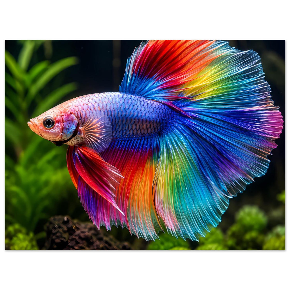 Poster mit Kampffisch im Regenbogenstil: blaues Schuppenmuster und rote, zarte Flossen