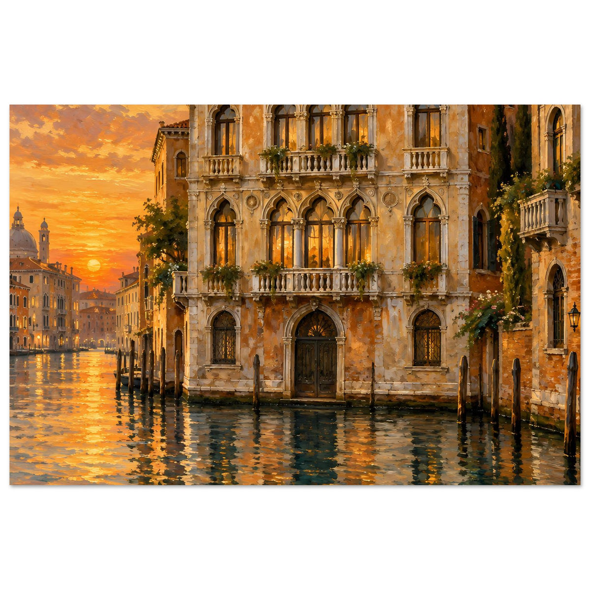 Wandposter mit Palazzo-Fassade in Gelb- und Brauntönen und ruhigem Wasserkanal
