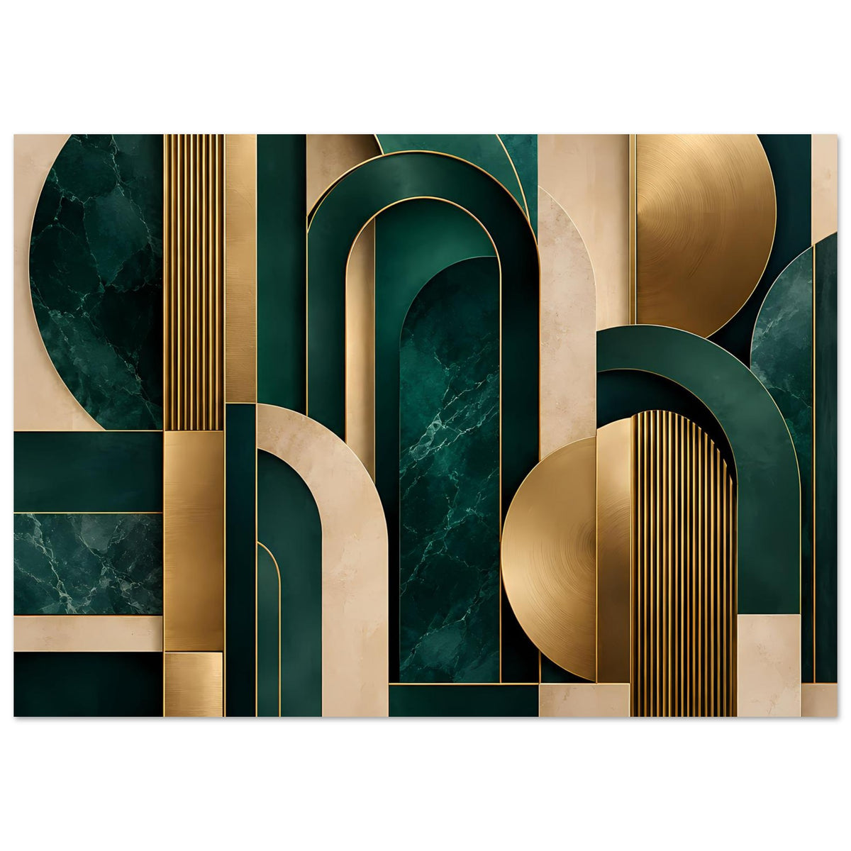 Rechteckiges Art-Deco-Poster: goldene und dunkelgrüne Bögen, Streifen und Kacheln.