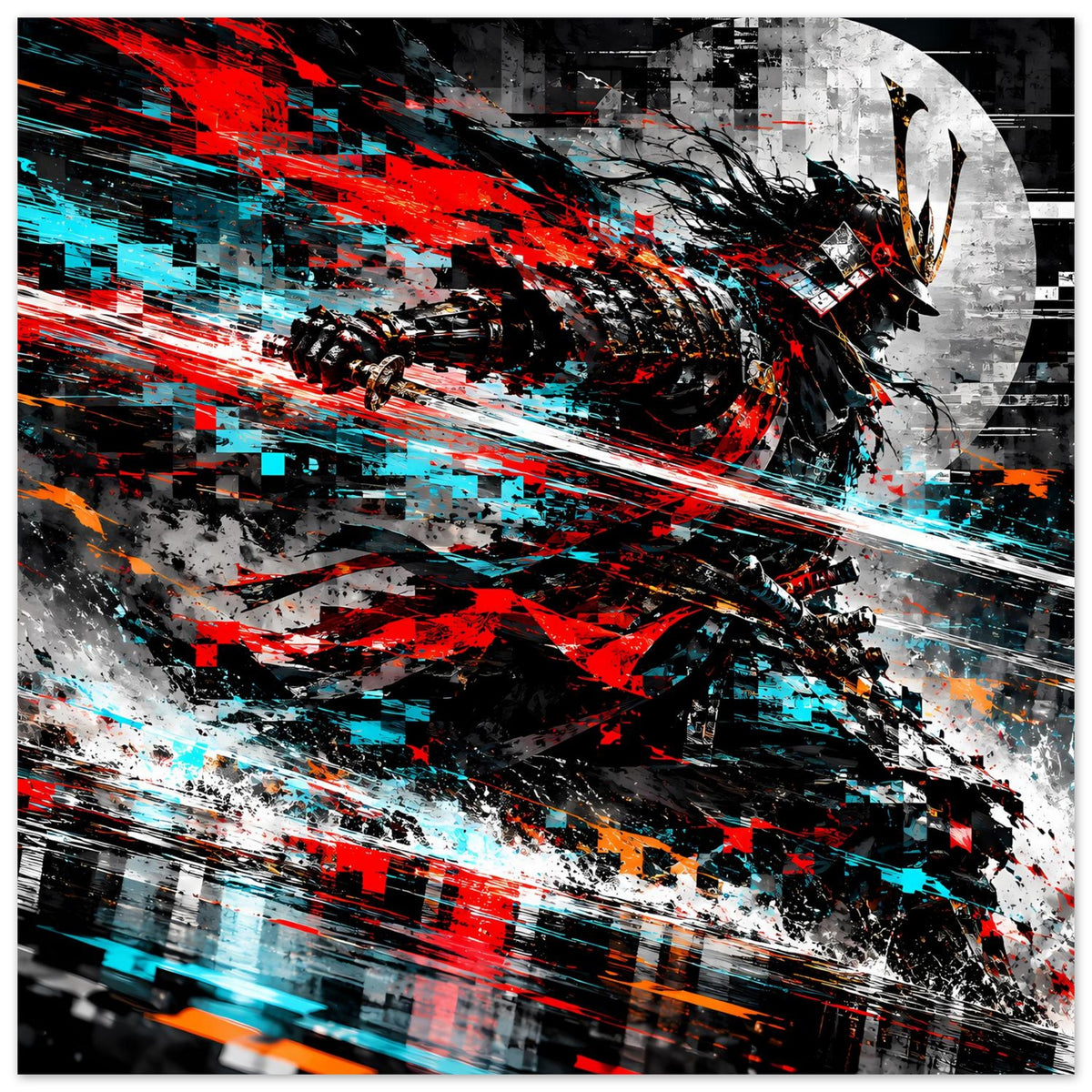Actionposter im Querformat, Samurai-Illustration mit roten Akzenten und cyanfarbenem Leuchten