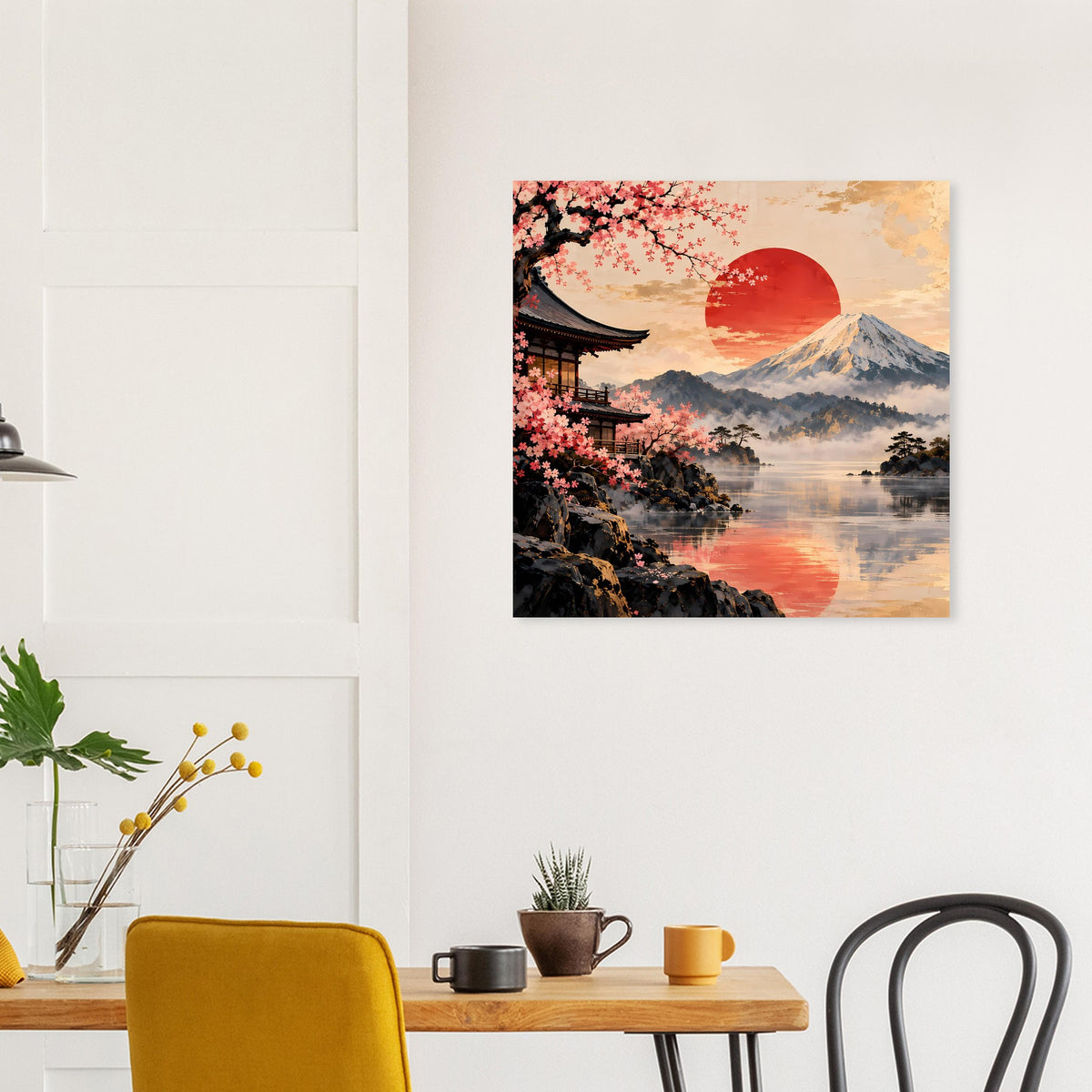 Wandposter: japanische Landschaft mit rotem Mond, Kirschblüten, Berg und ruhigem Wasser
