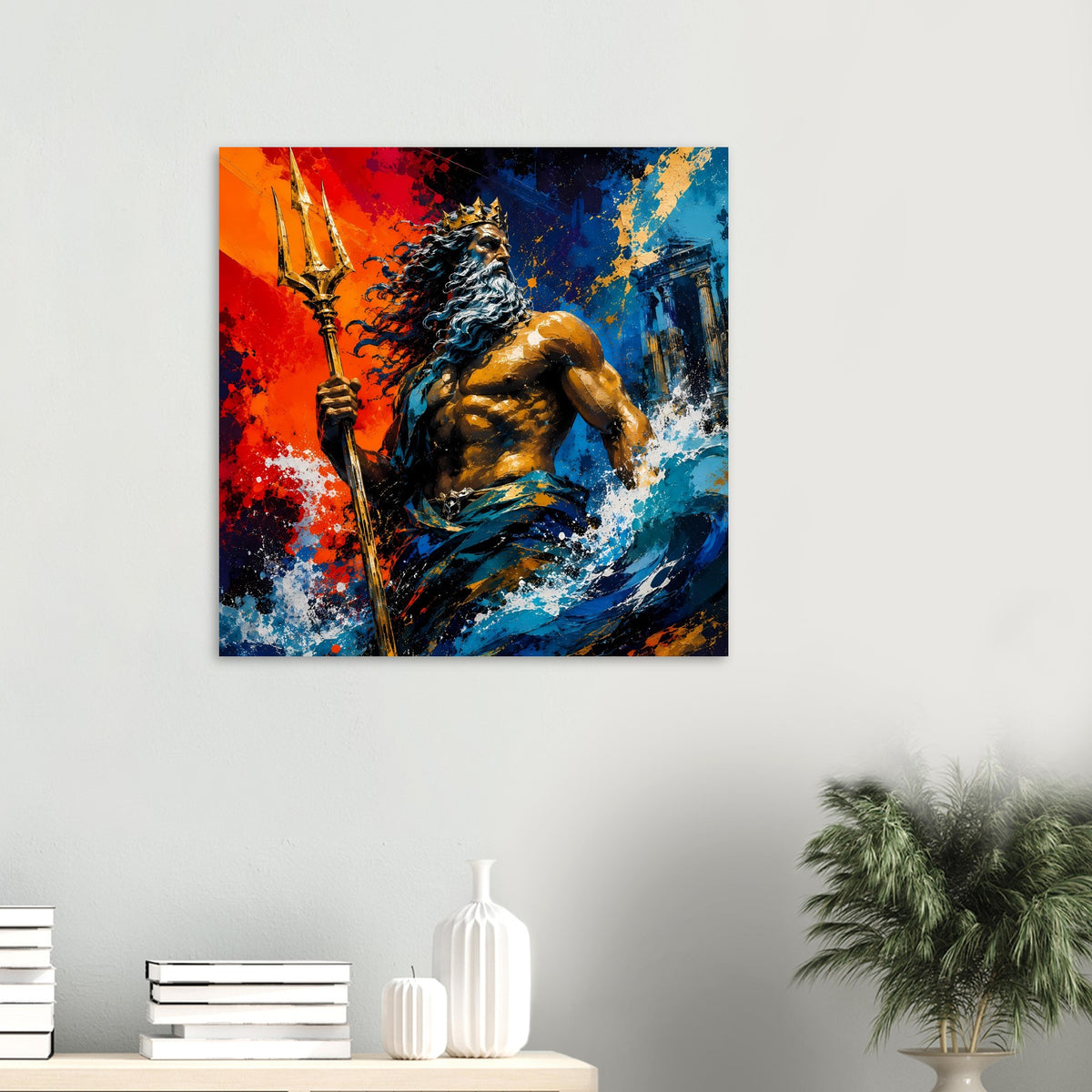 Gerahmtes Poster mit mythischem Meeresgott, Dreizack, kräftigen Blau-Orange-Spritzfarben.