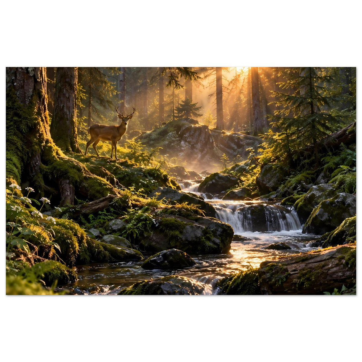 Breites Poster mit Hirsch im Wald; Bach mit Wasserfällen über Moos und Steinen