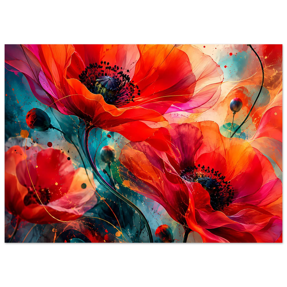 Blumen-Poster im Querformat mit roten Blütenblättern, dunklem Blütenkern und farbigen Sprenkeln