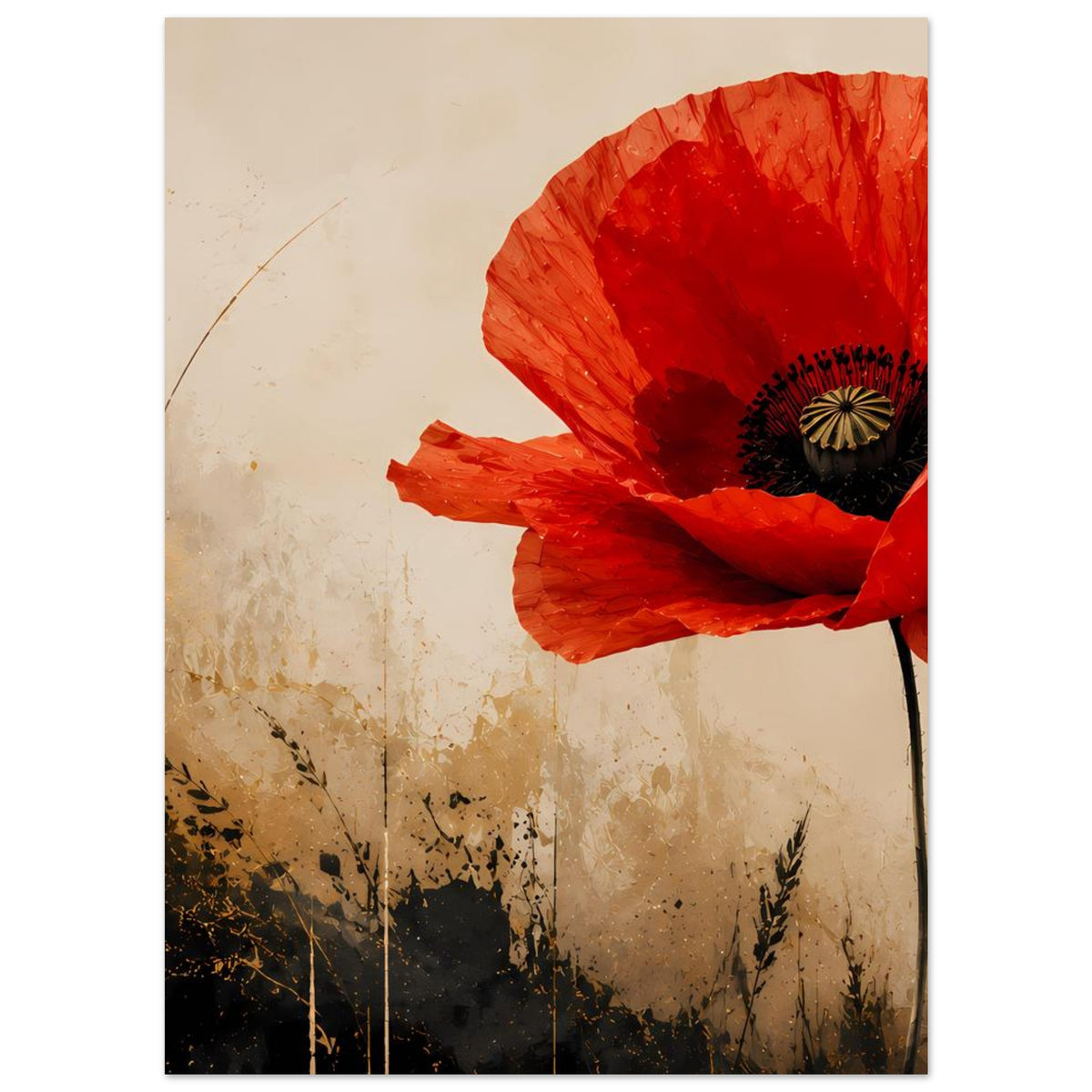 Poster mit roter Mohnblume und schwarzem Blütenkern, seitlich angeordnet