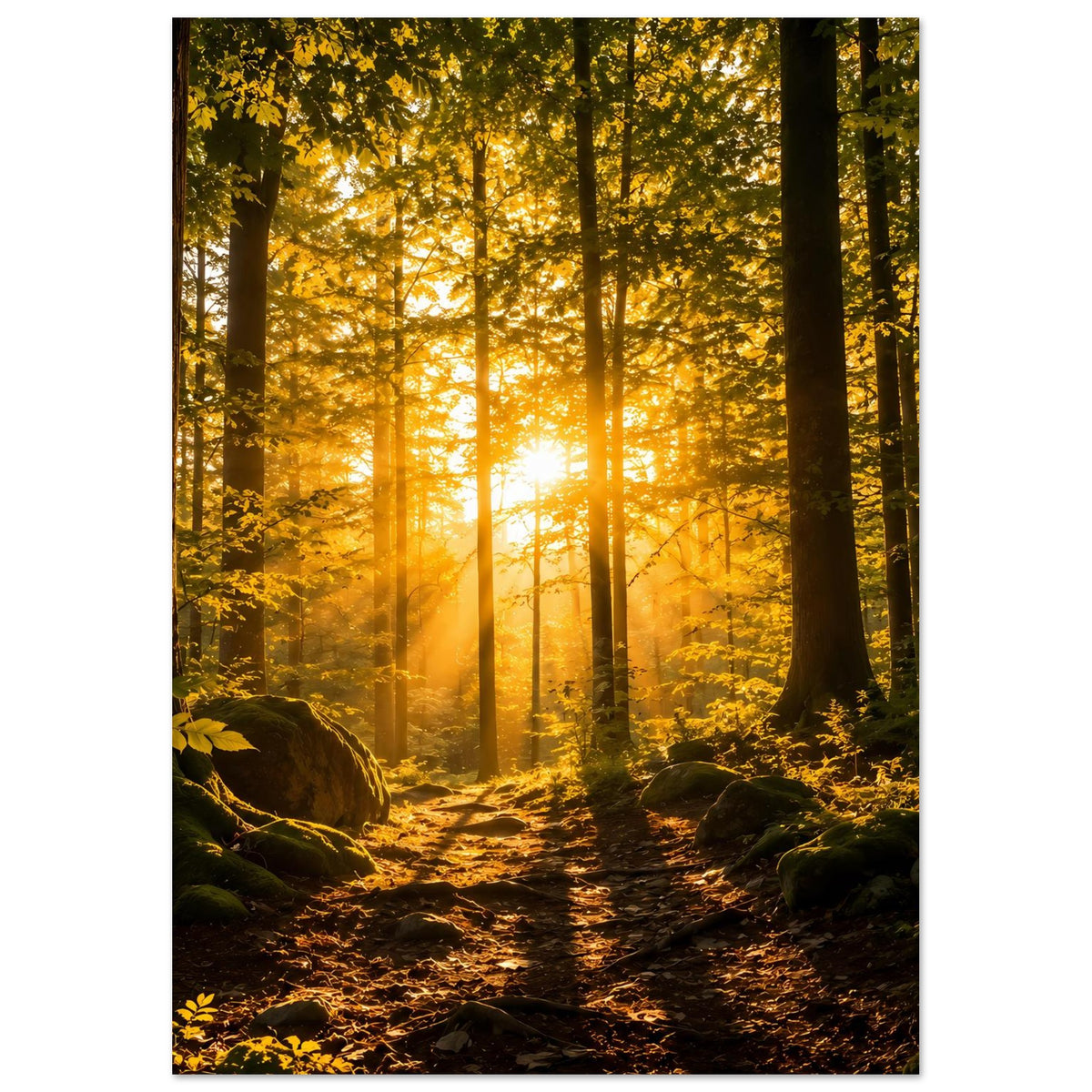 Wandposter hochkant mit Waldweg, Sonnenlichtfahne zwischen Baumreihen und Laubwerk