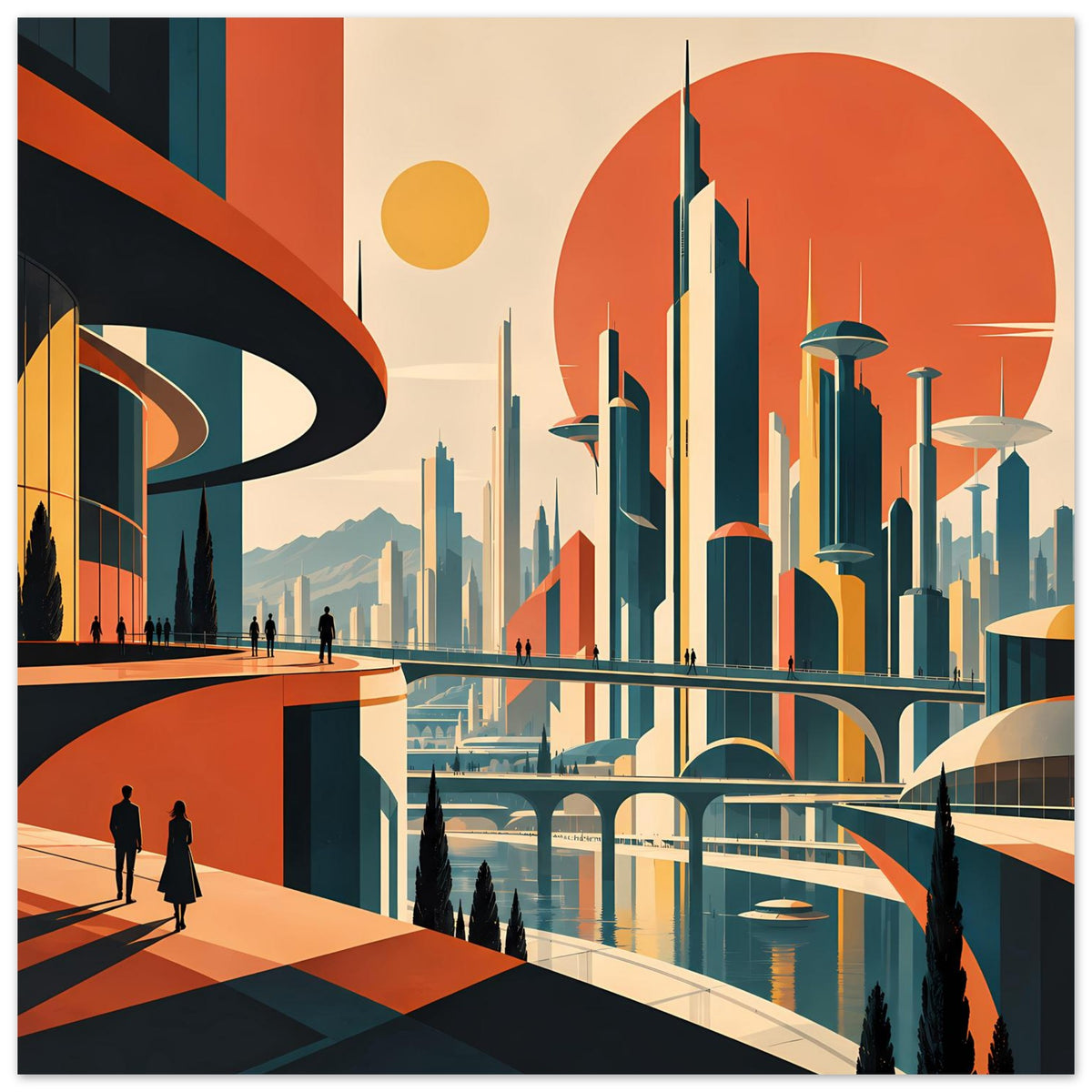 Querformat-Kunstdruck mit Retro-Futurismus: Stadtbrücke, Wolkenkratzer und orangefarbene Akzente